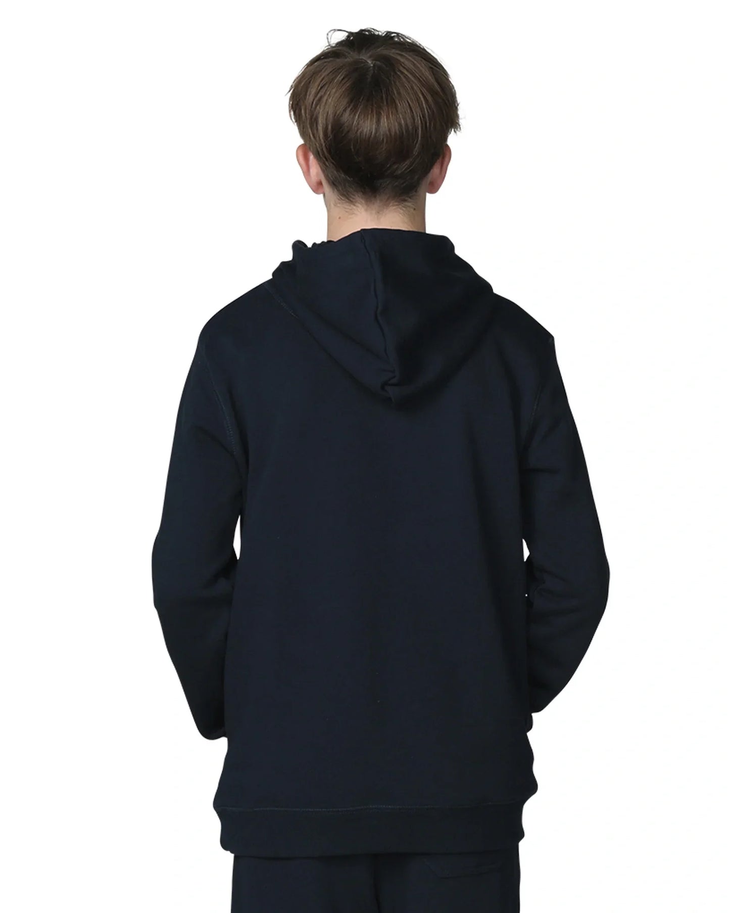 Boys fleece hoodie in Navy blue color showing the back pocket.