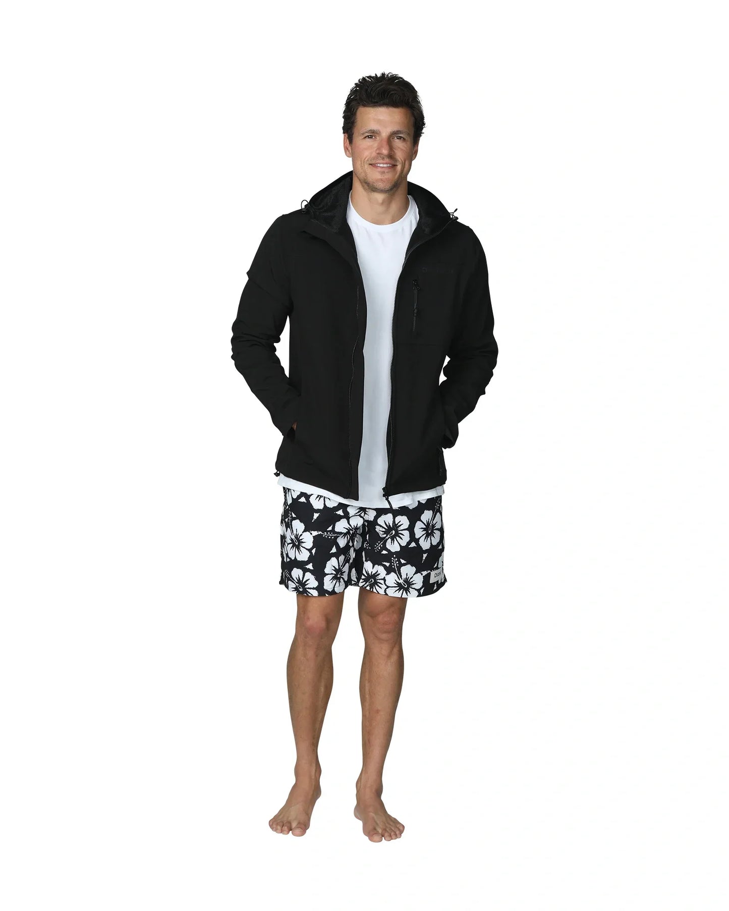 Mens soft shell jacket in color black with white and black hibiscus flower design.