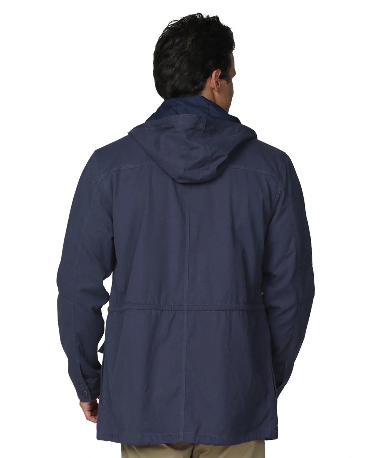Mens Winter hoodie in navy blue color showing the back lining.