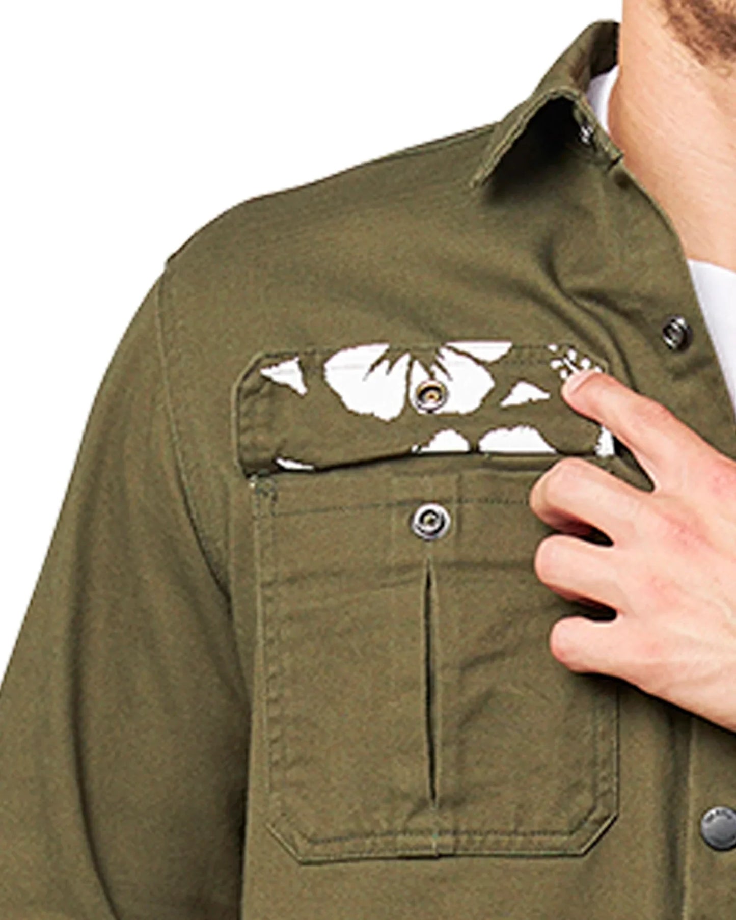 A chest pocket with white hibiscus flower design.