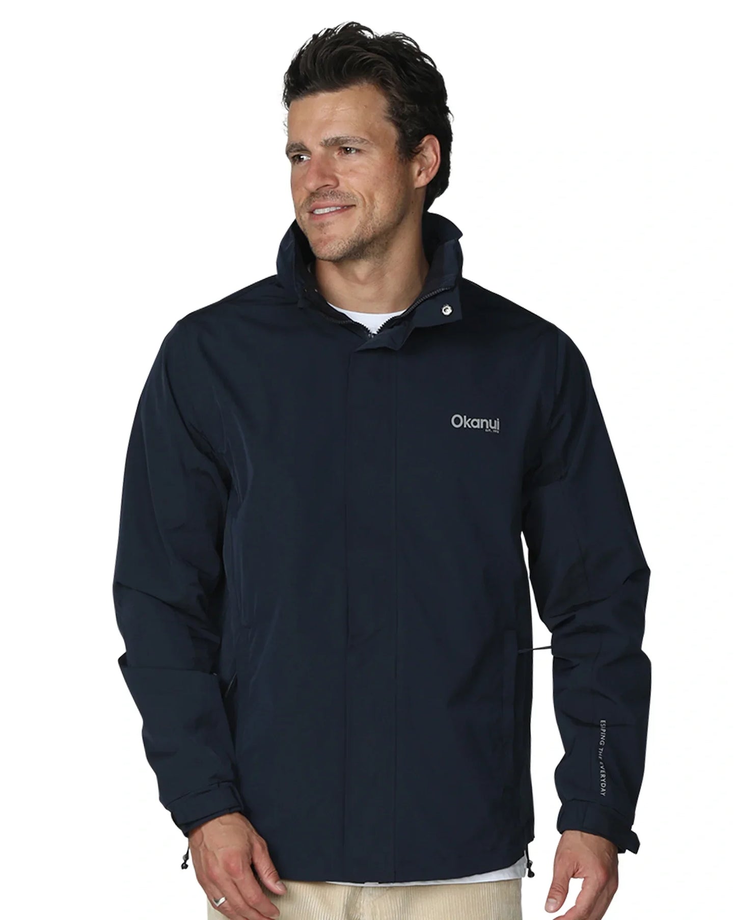 Mens winter surf jacket in navy blue color with adjustable cuffs on the sleeves.