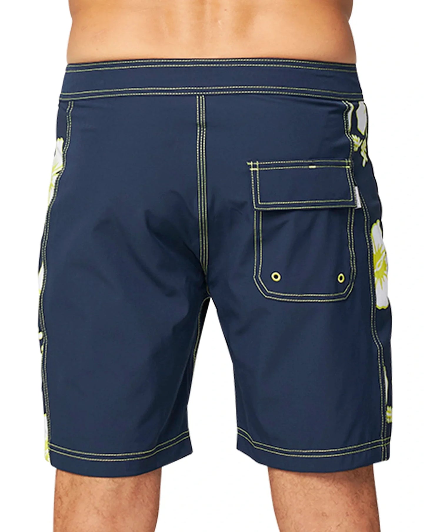 Close up back view of the Okanui Way Back When Boardrider Boardshort in Navy Lime Color.