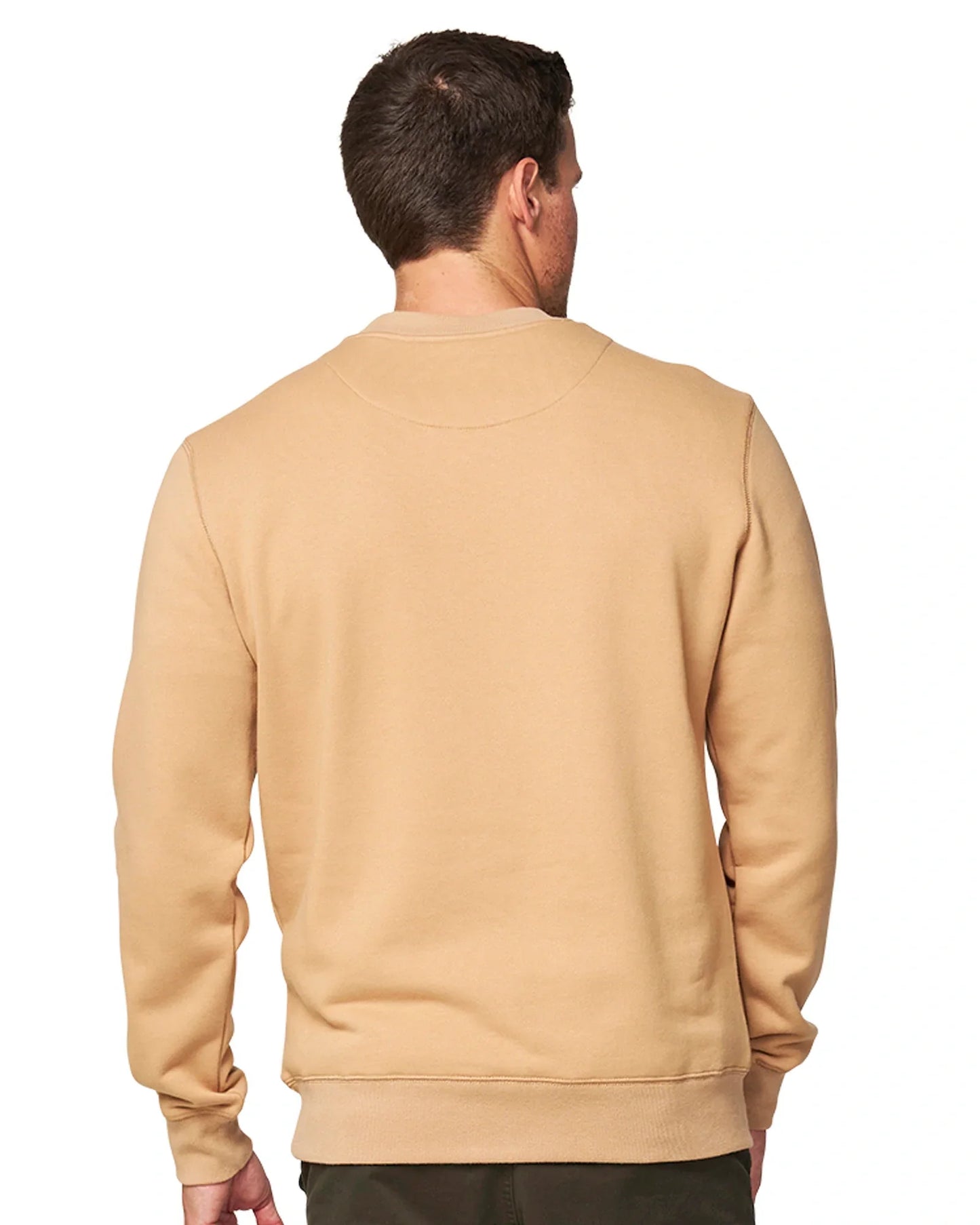 A man facing right with his back visible in a brown sweatshirt.