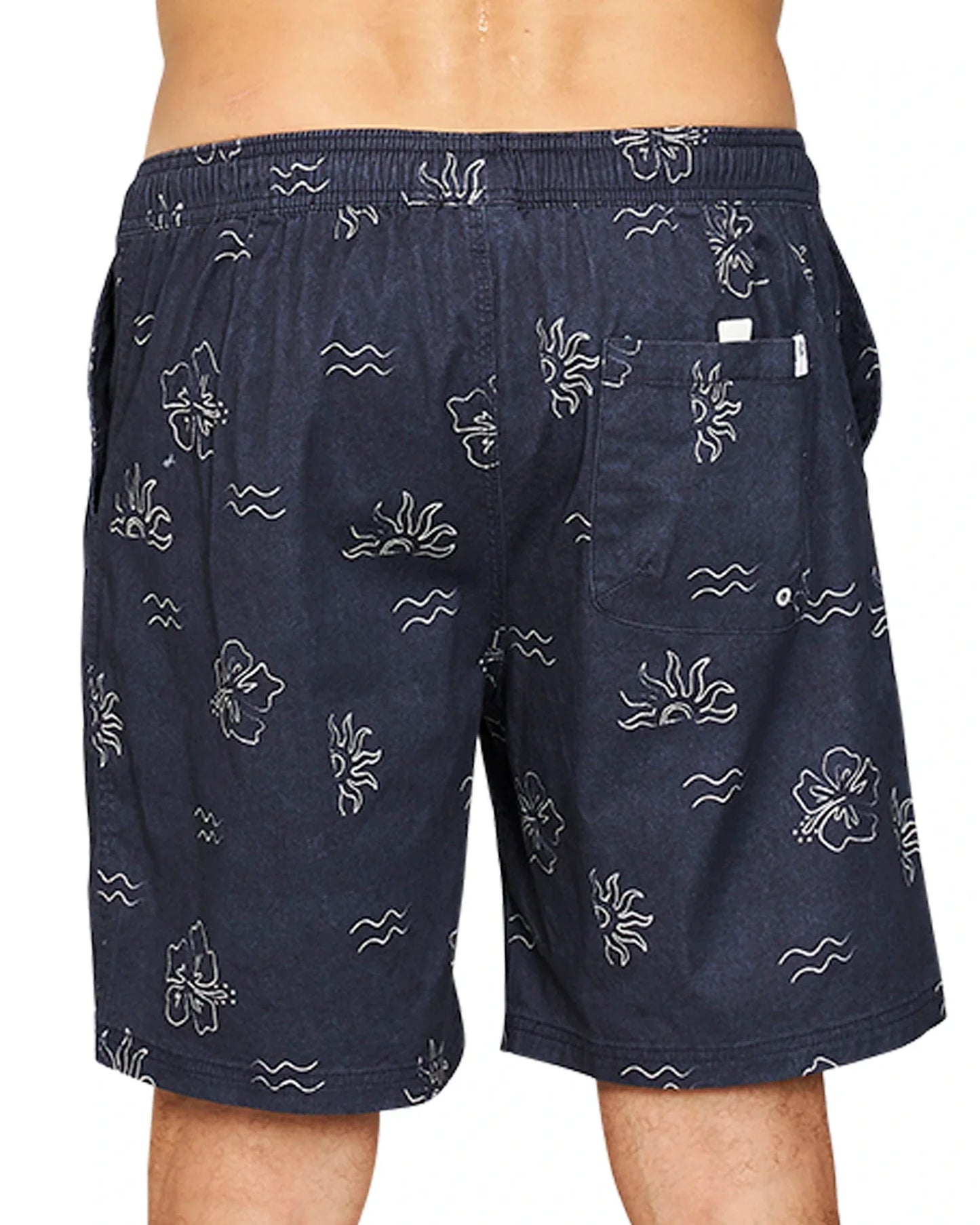 A close up back view of the Okanui Rising Sun Heritage Walk Shorts in navy color.