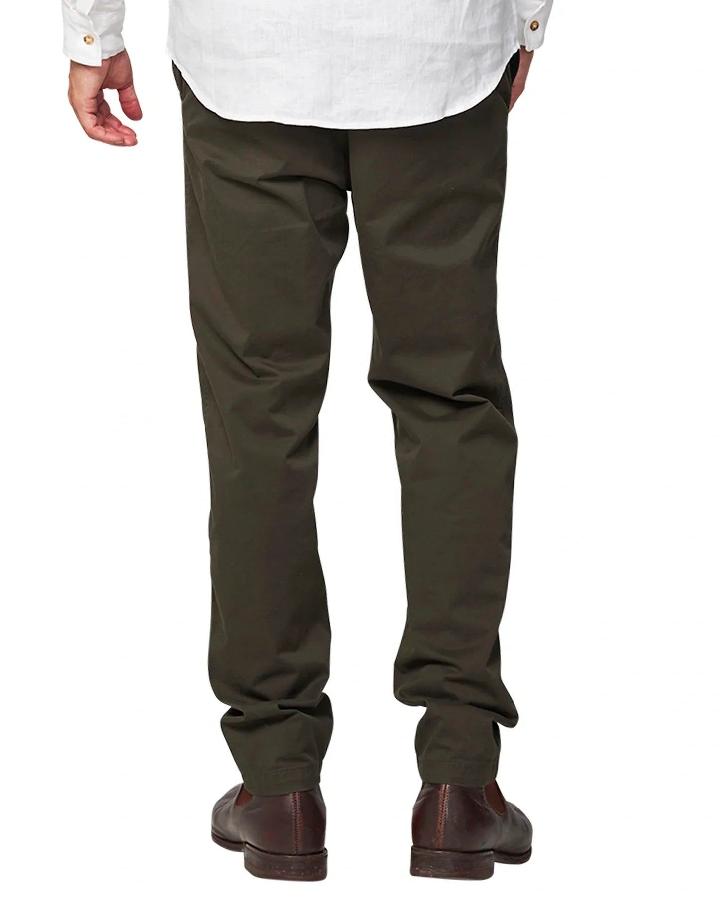 Close up back view of the Okanui chino pants in hunter green variant