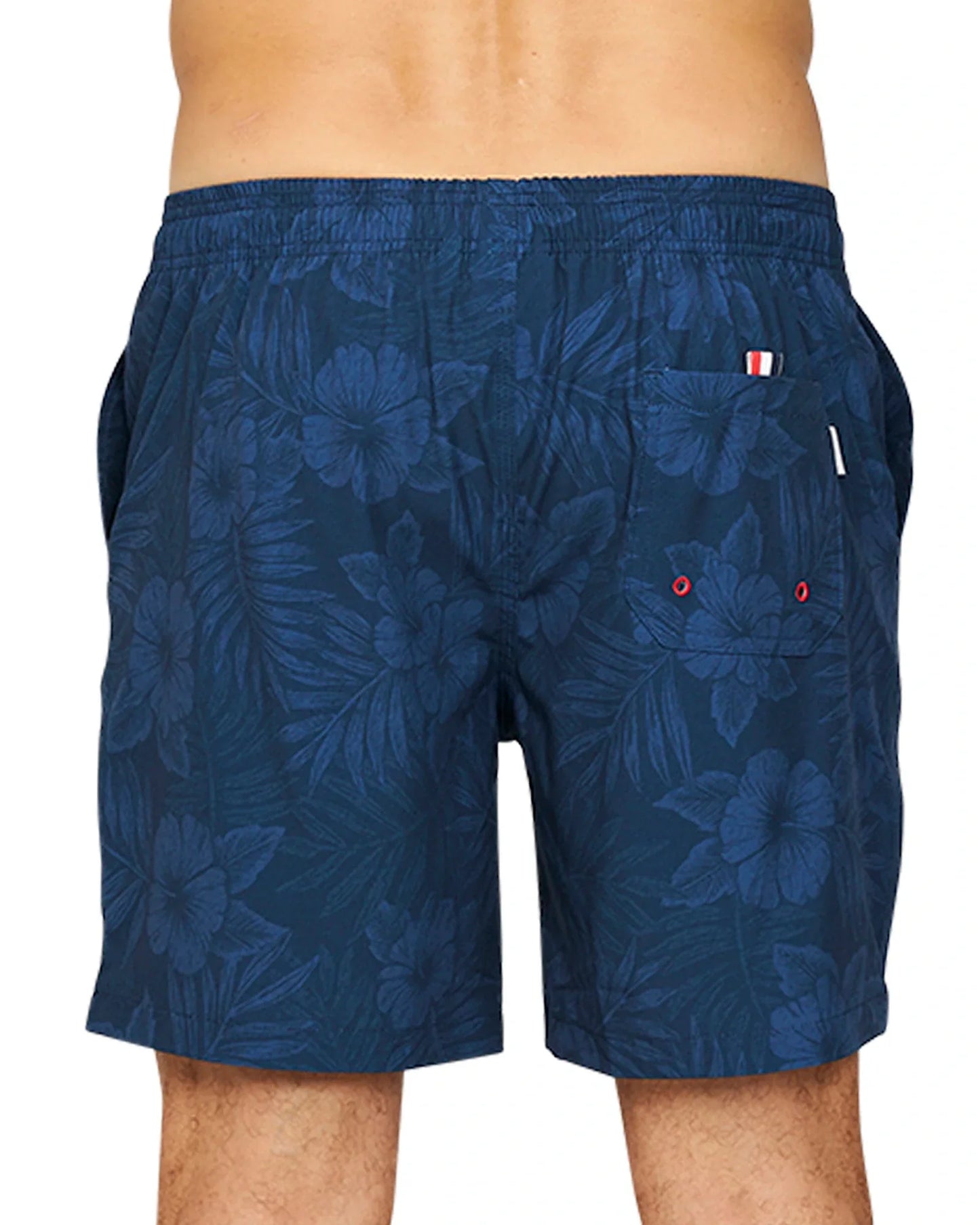 A close up back view of the Okanui Midnight Jungle Stretch Swim Shorts in navy colour.