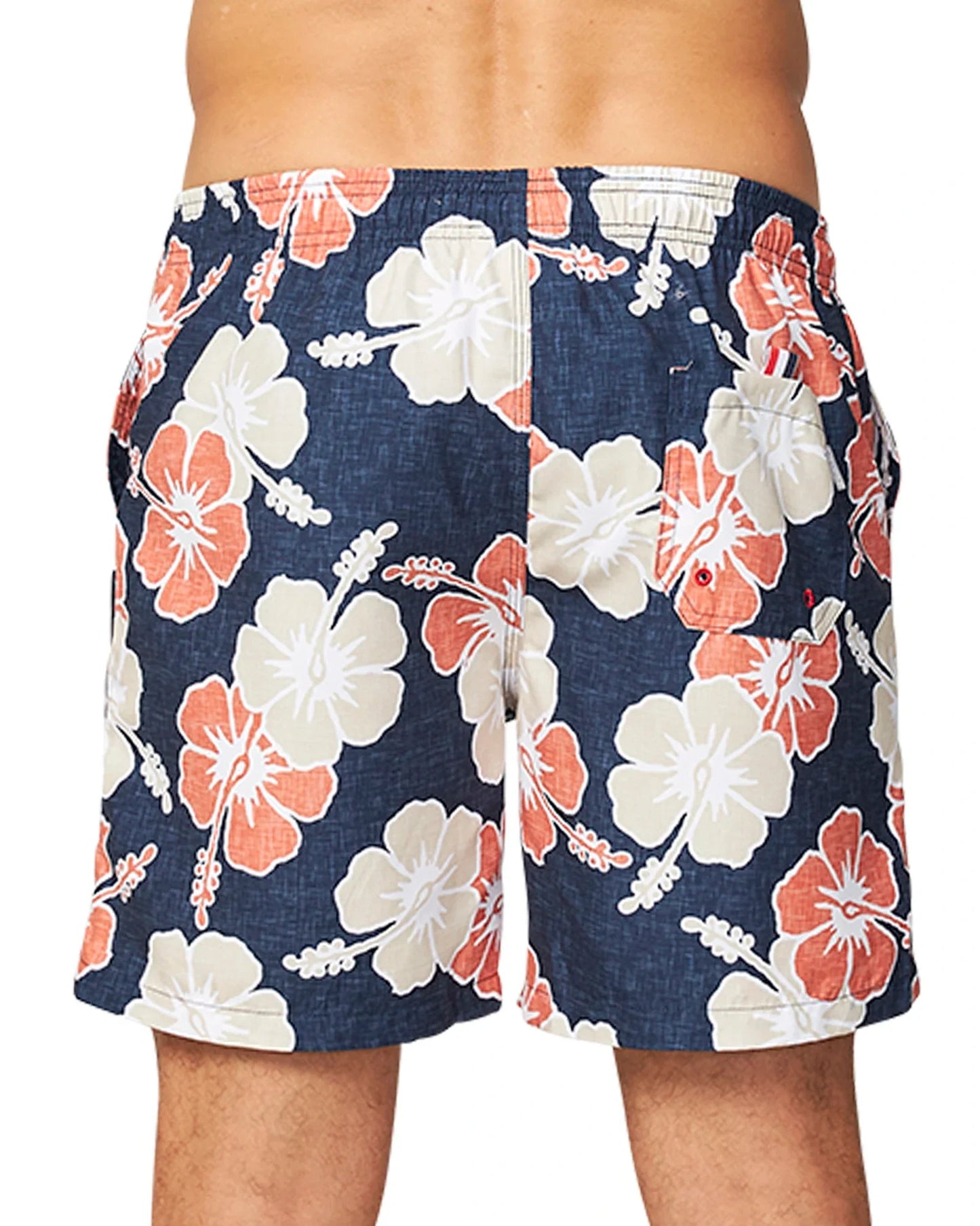 Close up back view of the Okanui Way Back When Stretch Swim Short in Navy Cedar colour.