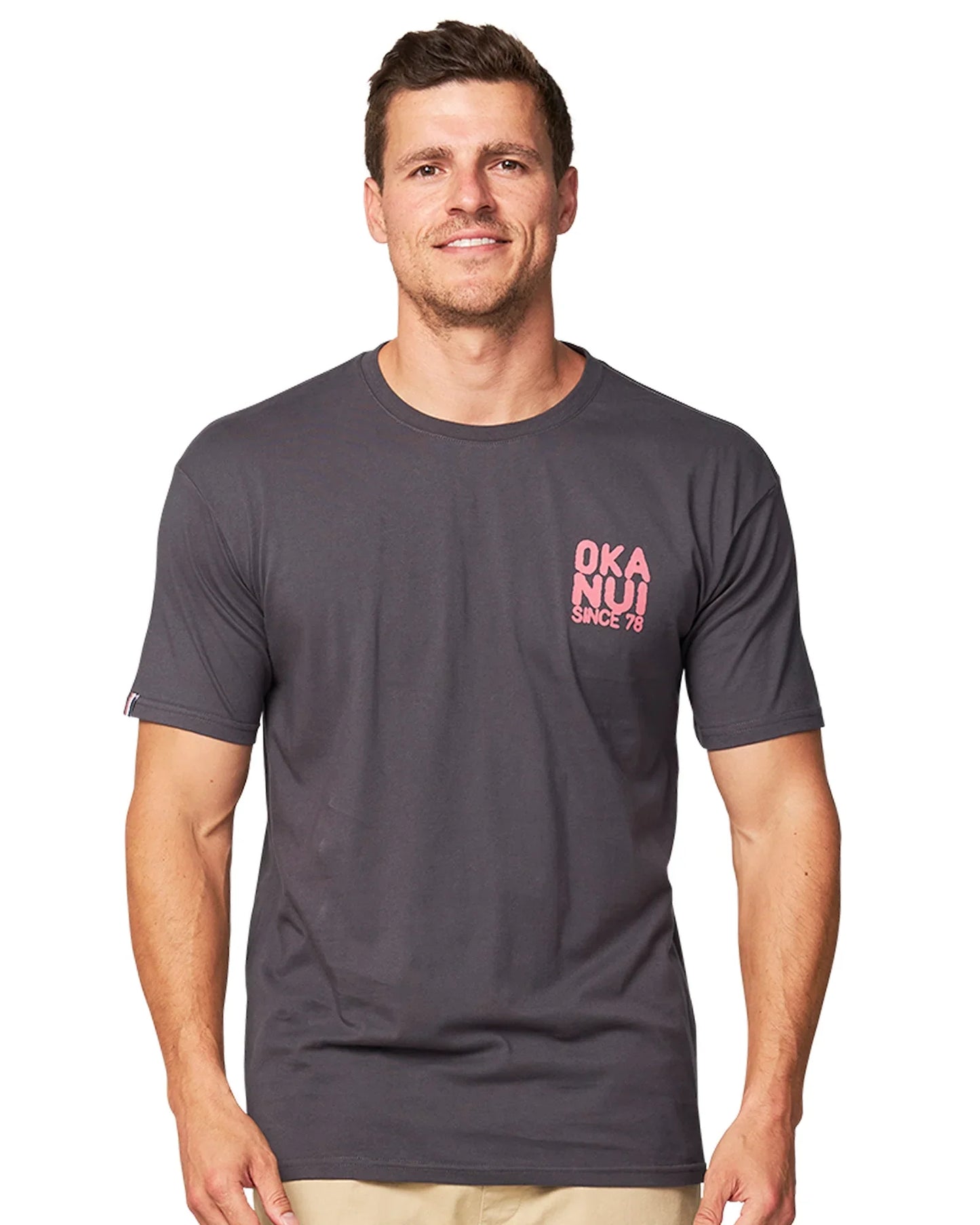 A closer front view of the Okanui Stand Up Tee in Iron colour.