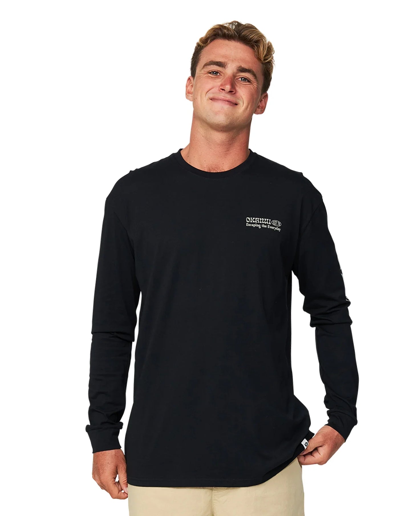 A front view of a model wearing the Okanui Splendor Long Sleeve T-shirt.