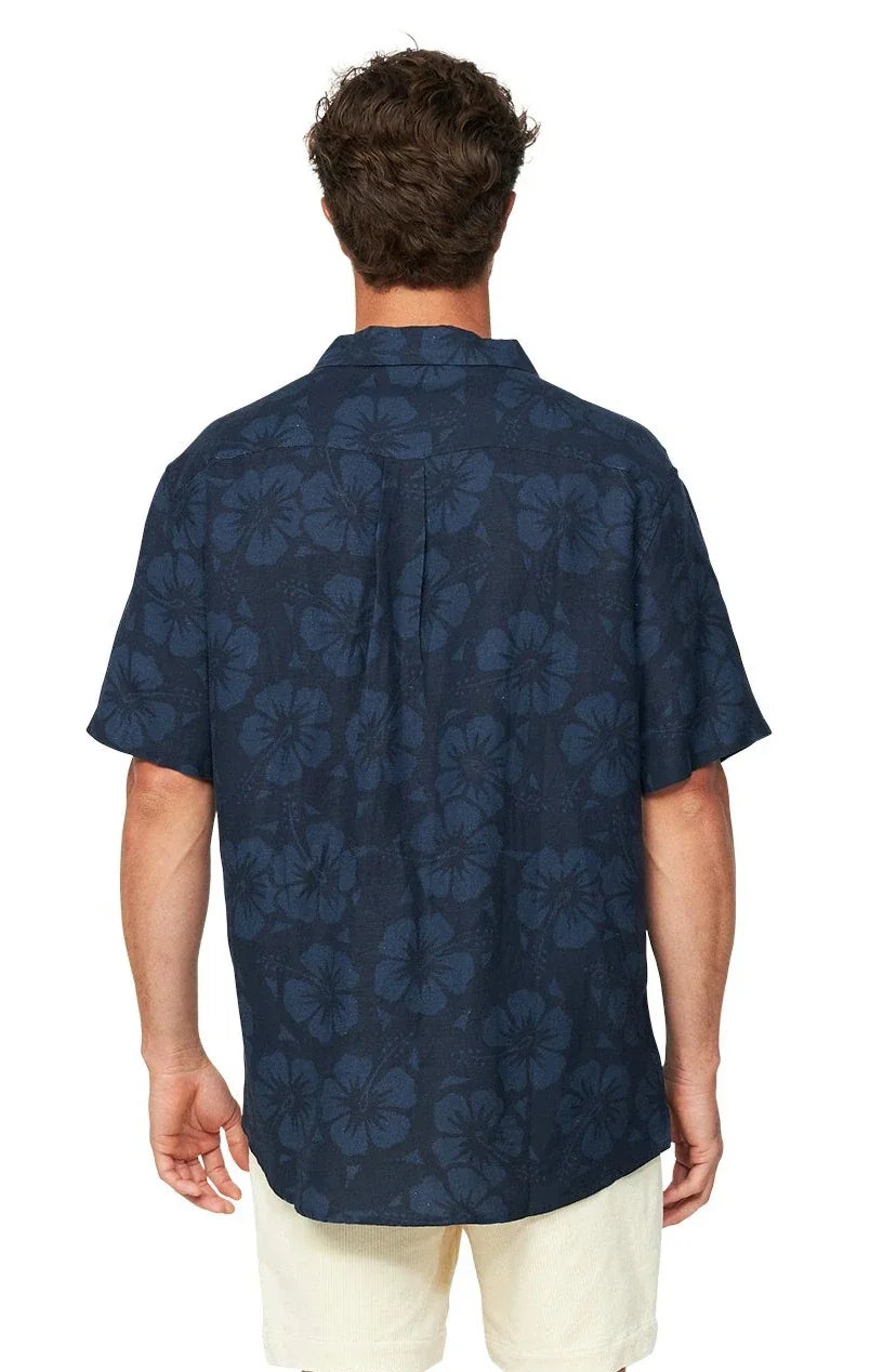 A closer back view of the Okanui Aloha Shirt in navy color.