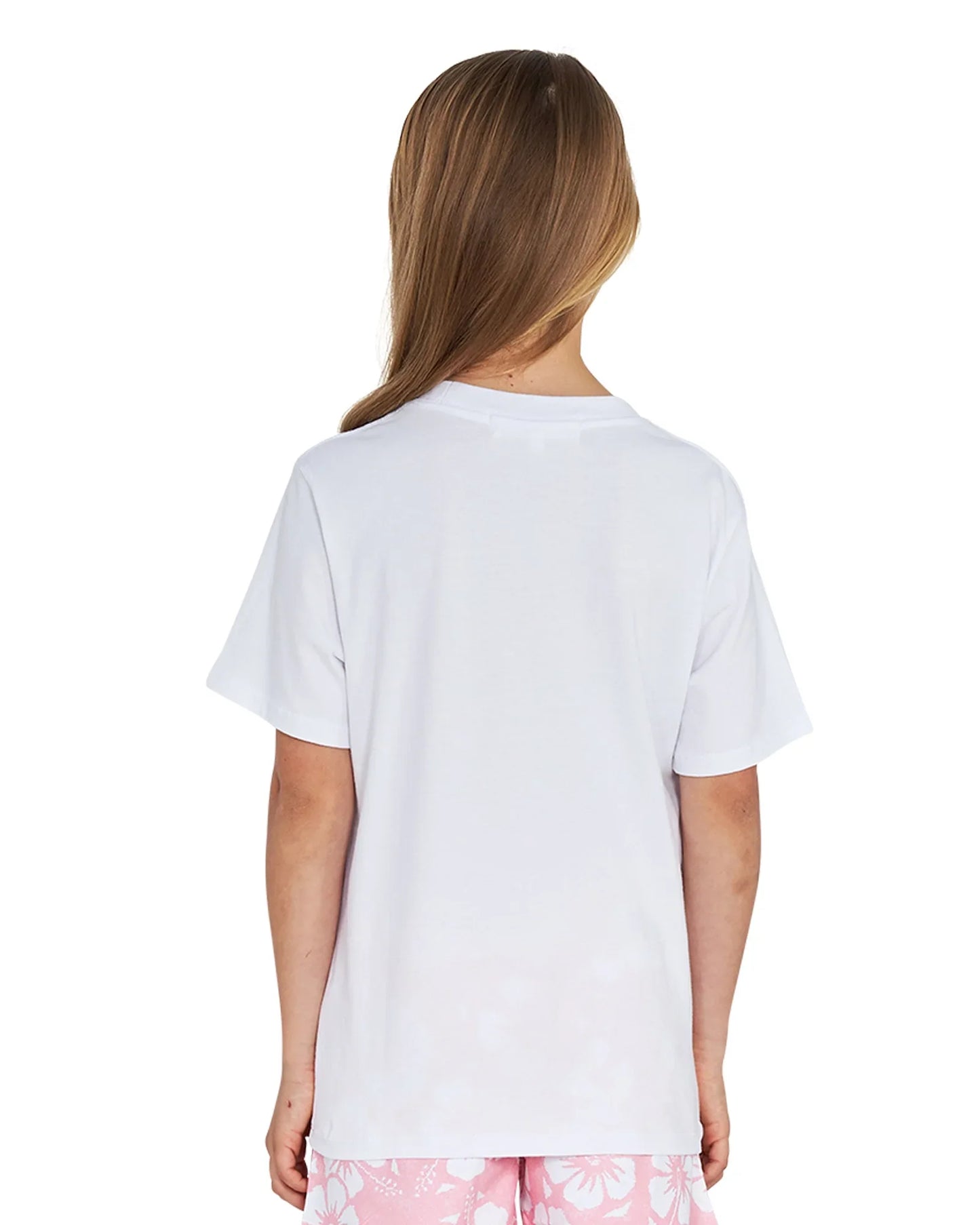 Closeup back view of a girl wearing the Okanui rainbow Logo Tee T-shirt in White