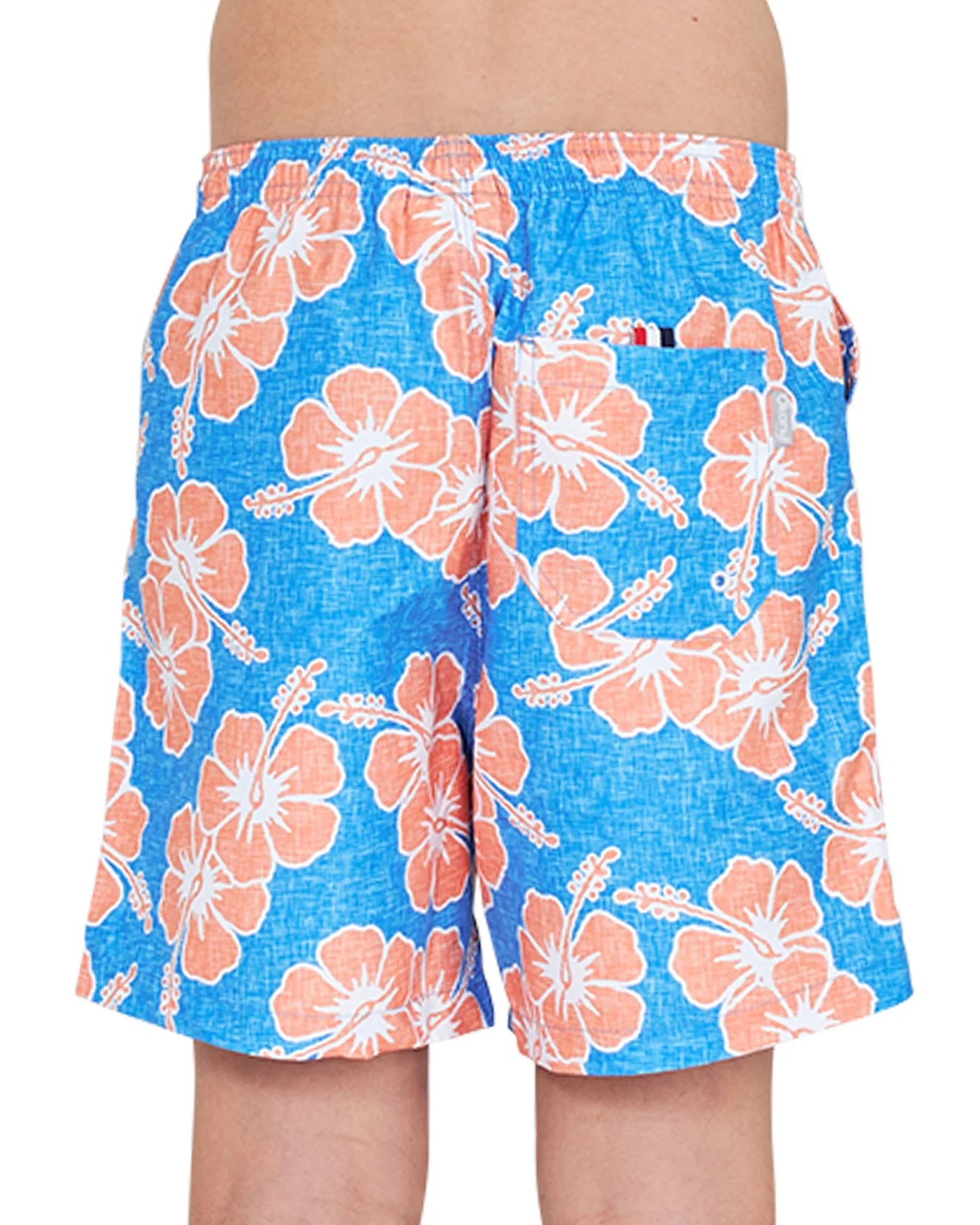 Back view of the Okanui Way Back When swim shorts for boys in Blue Orange