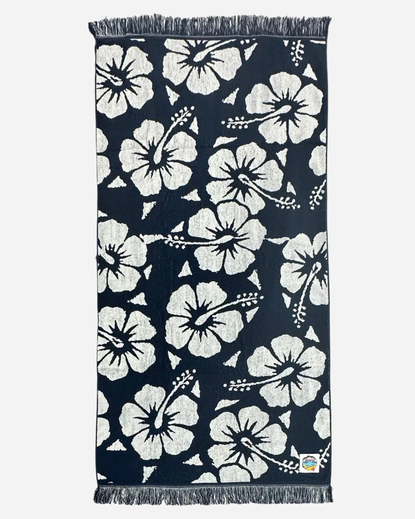Front side of Okanui Large Beach Towels in Hibiscus Navy color