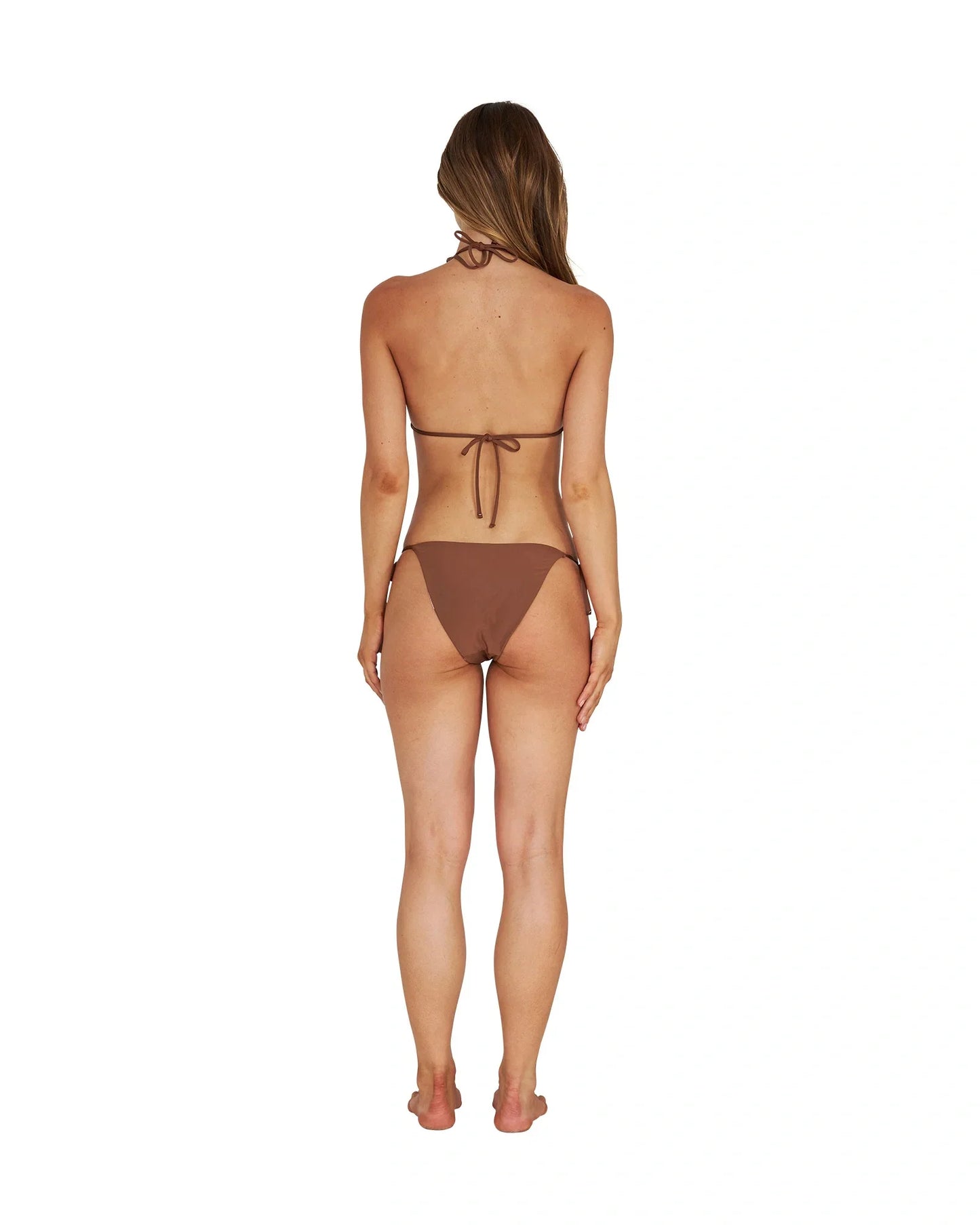 A brown, reversible two-piece bikini showing the back adjustable straps.