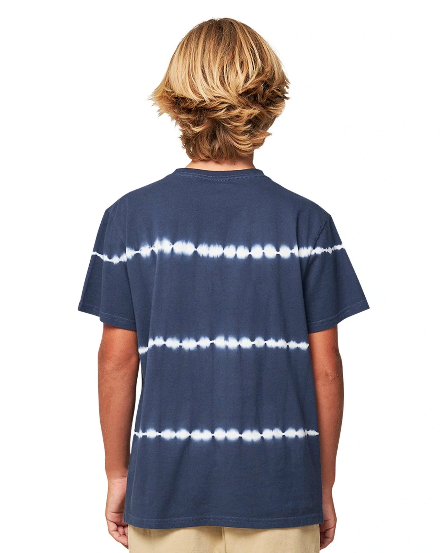 Closeup back view of a boy wearing the Okanui Breaker Tee T-shirt in Navy Stripe