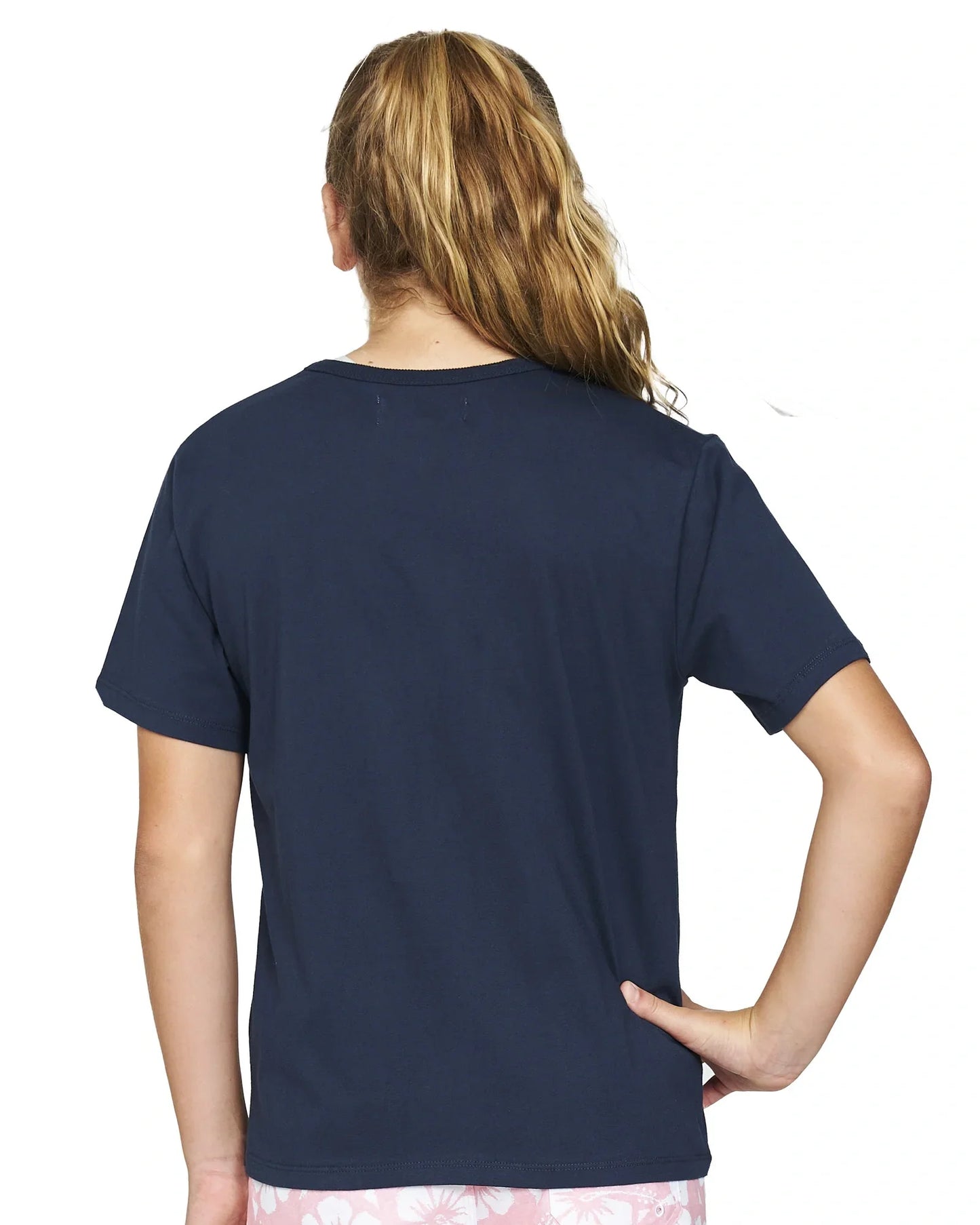 Closeup back view of a girl wearing the Okanui Mermaid Tee T-shirt in Navy