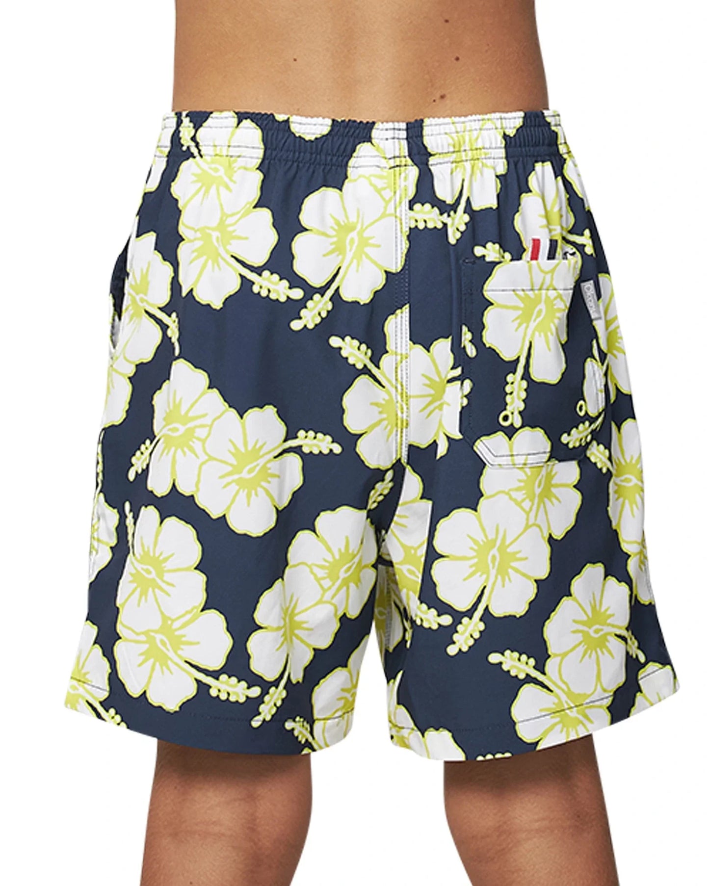 Closeup back view of the Okanui Way Back When kids swim shorts in Navy Lime