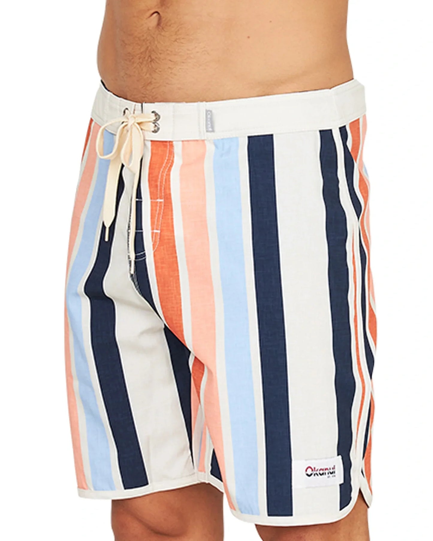 Close up front view of the Okanui Above Board Retro Boardrider Boardshort in Birch Multi with fixed waist and drawcord with soft velcro fly.