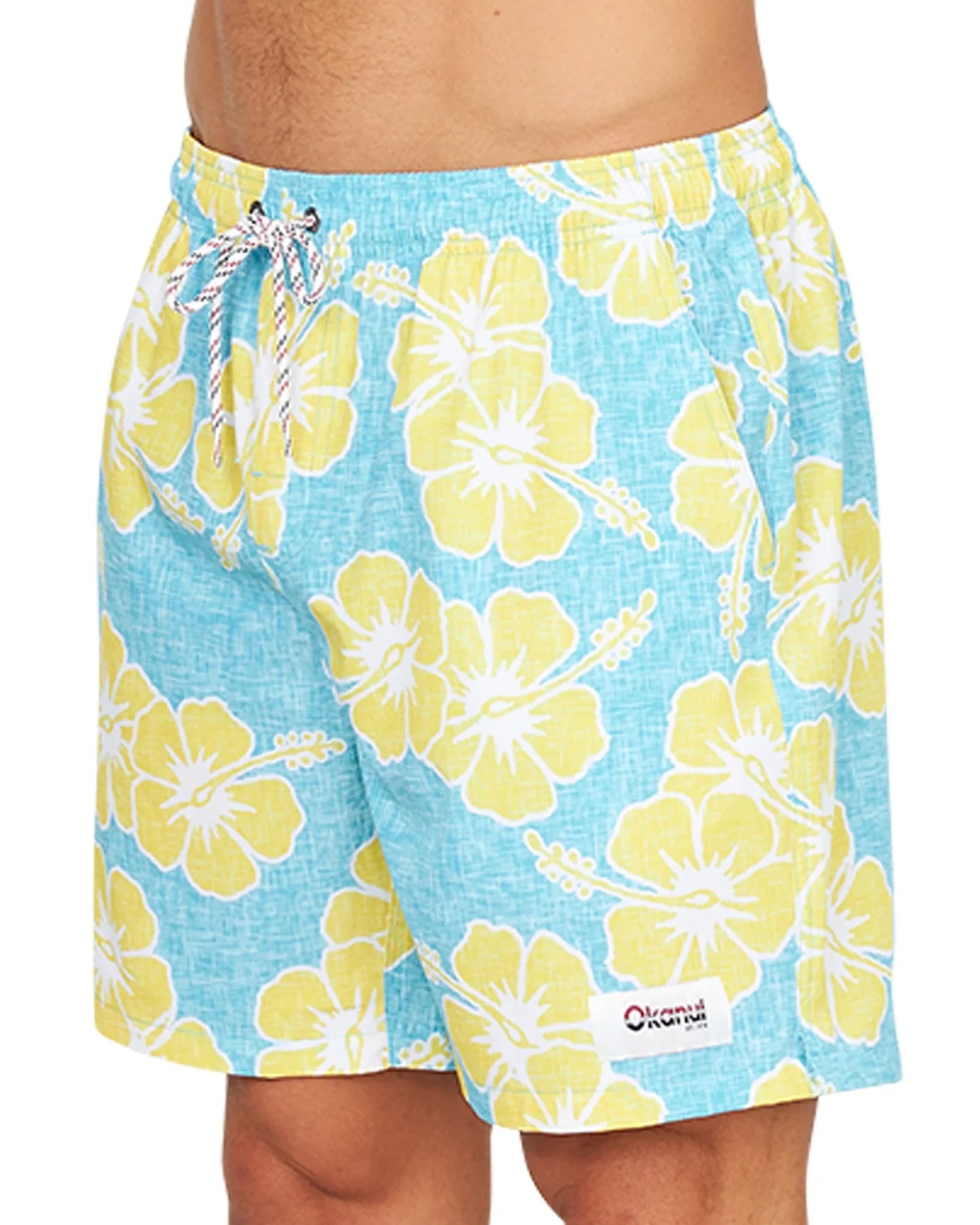 Close up front view of the Okanui Way Back When Stretch Swim Short in Aqua Yellow.