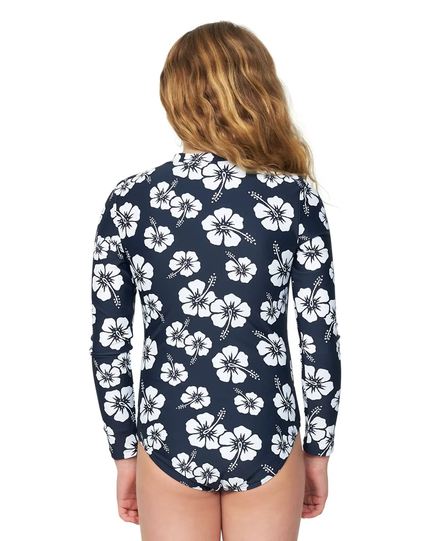 Girls - Swim One Piece - Long Sleeve - Classic Hibiscus Navy