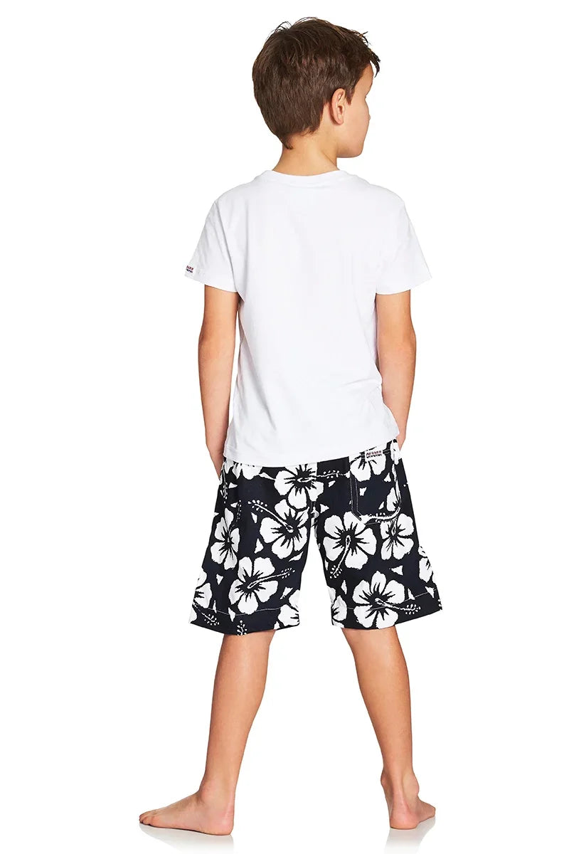 A classic kids short with black and white hibiscus flower showing the back part.