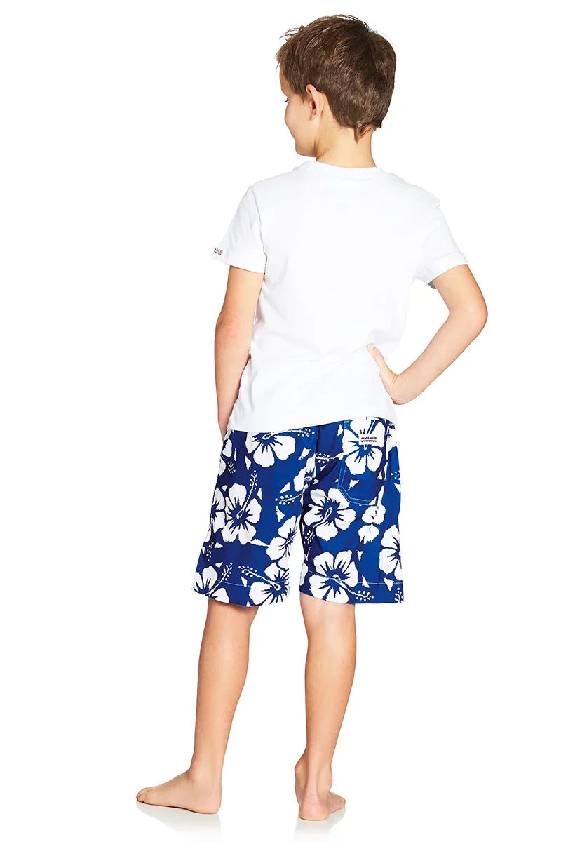 A classic kids short with blue and white hibiscus flower showing the back part.