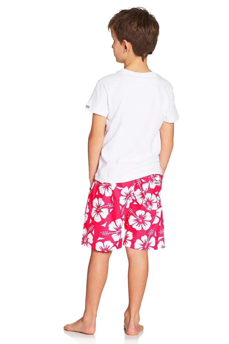 A classic kids short with pink and white hibiscus flower showing the back part.