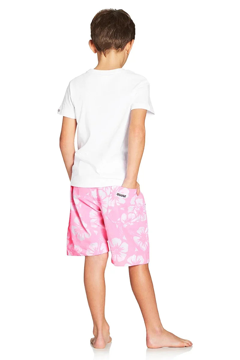 A classic kids short with light pink and white hibiscus flower showing the back part.