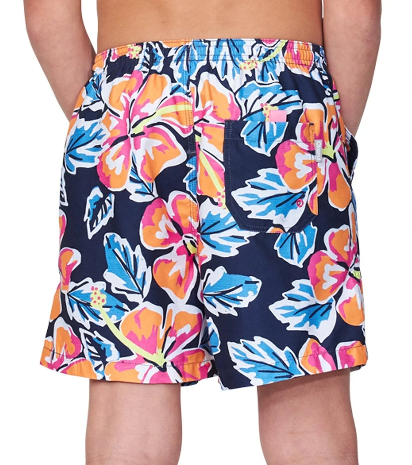 Back view of the Okanui Rhapsody swim shorts for boys in Multi Navy