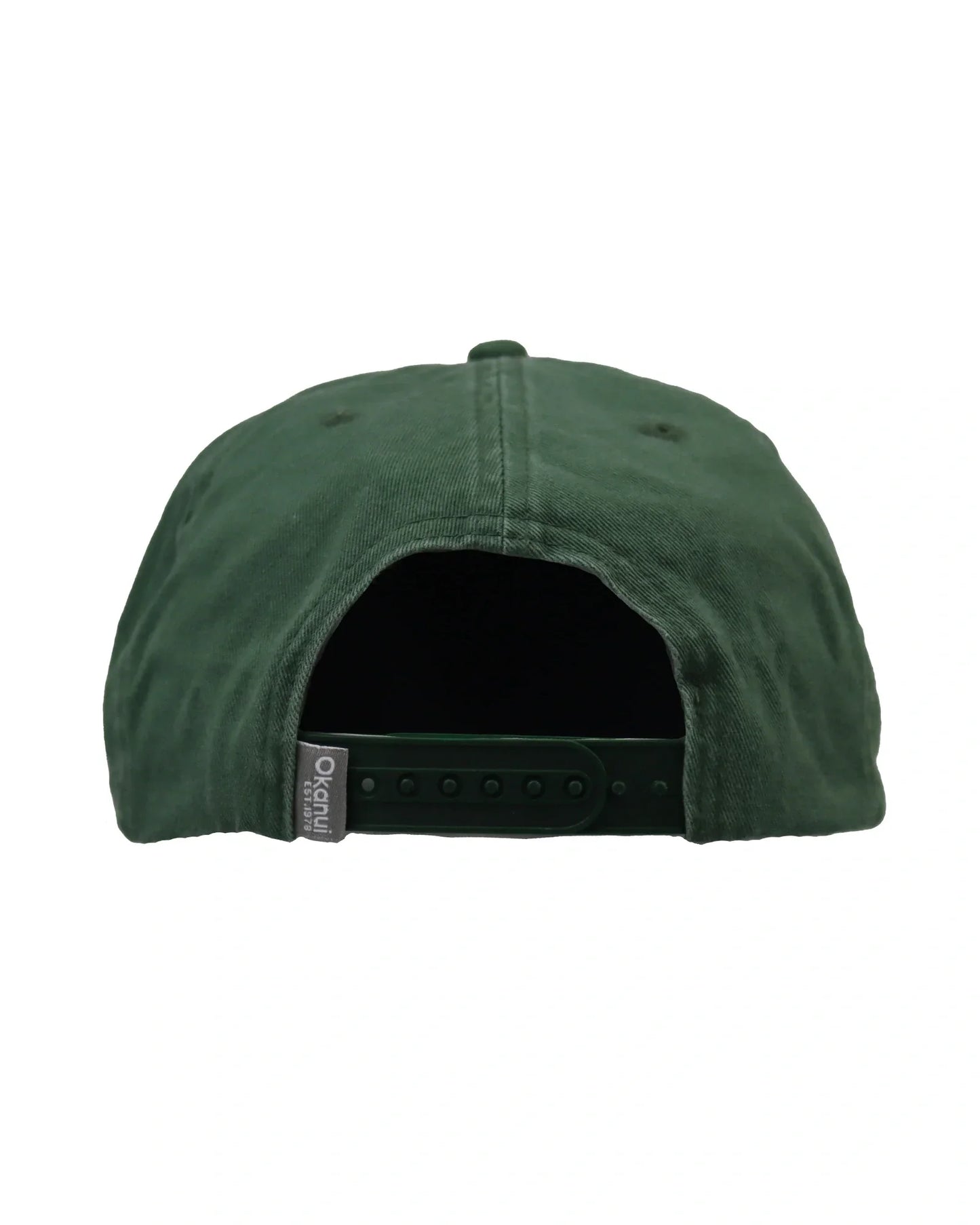 Back View of The Okanui Look Both Ways Cap in Washed Forest color variant. The cap has a snapback 5-panel feature
