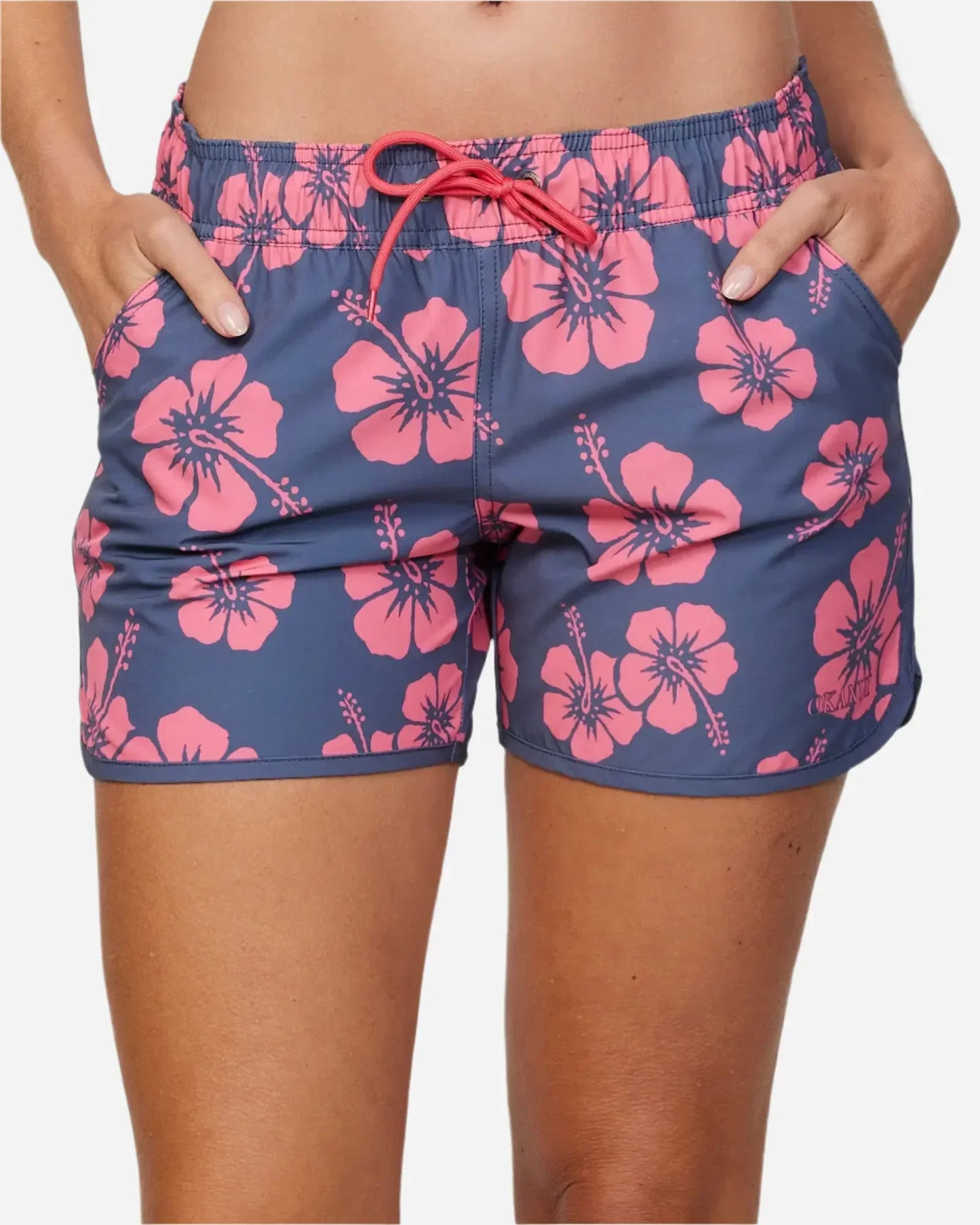 Front view of a women's swim short with flower design.