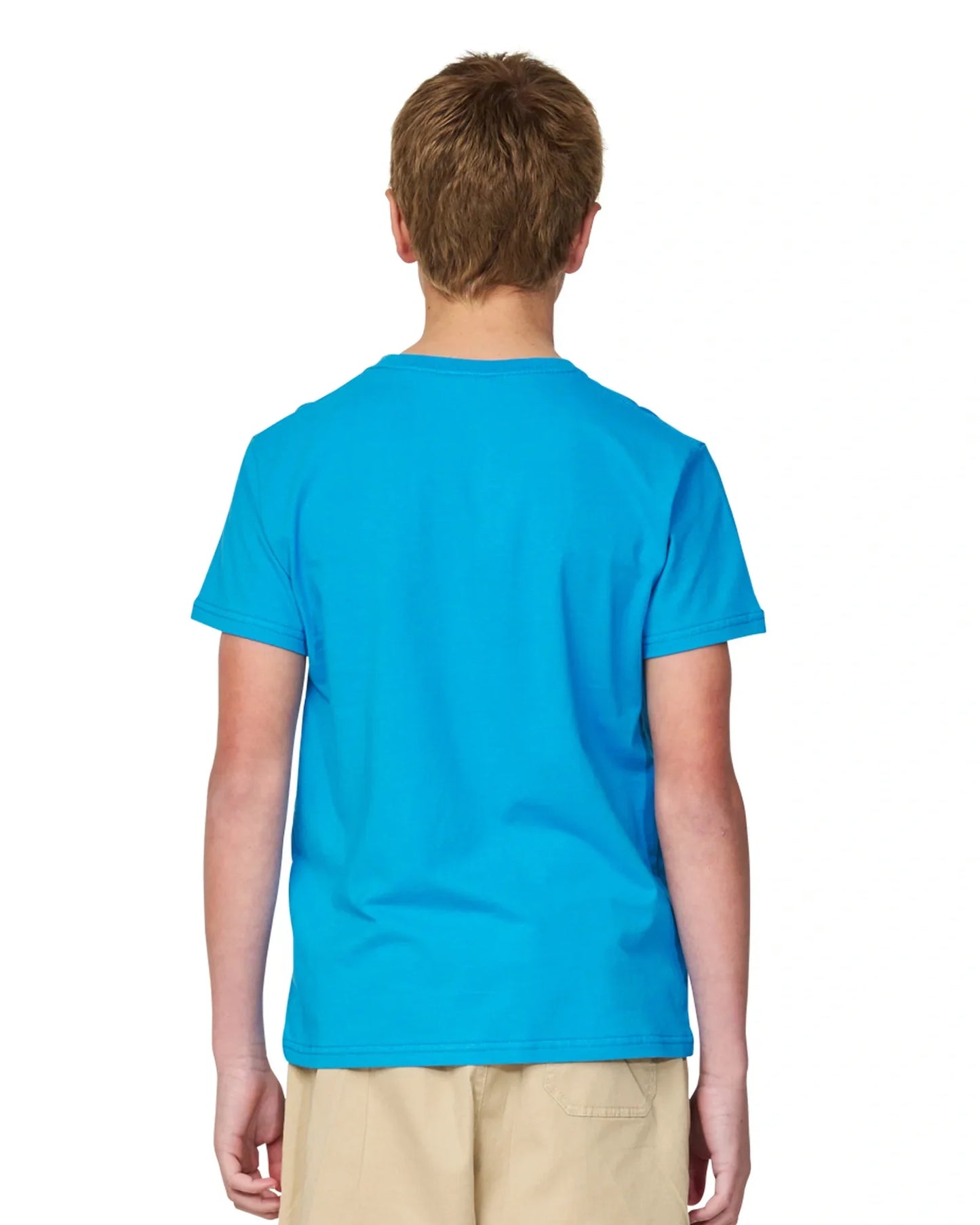 Closeup back view of a boy wearing the Okanui Logo tee T-shirt in Washed Blue