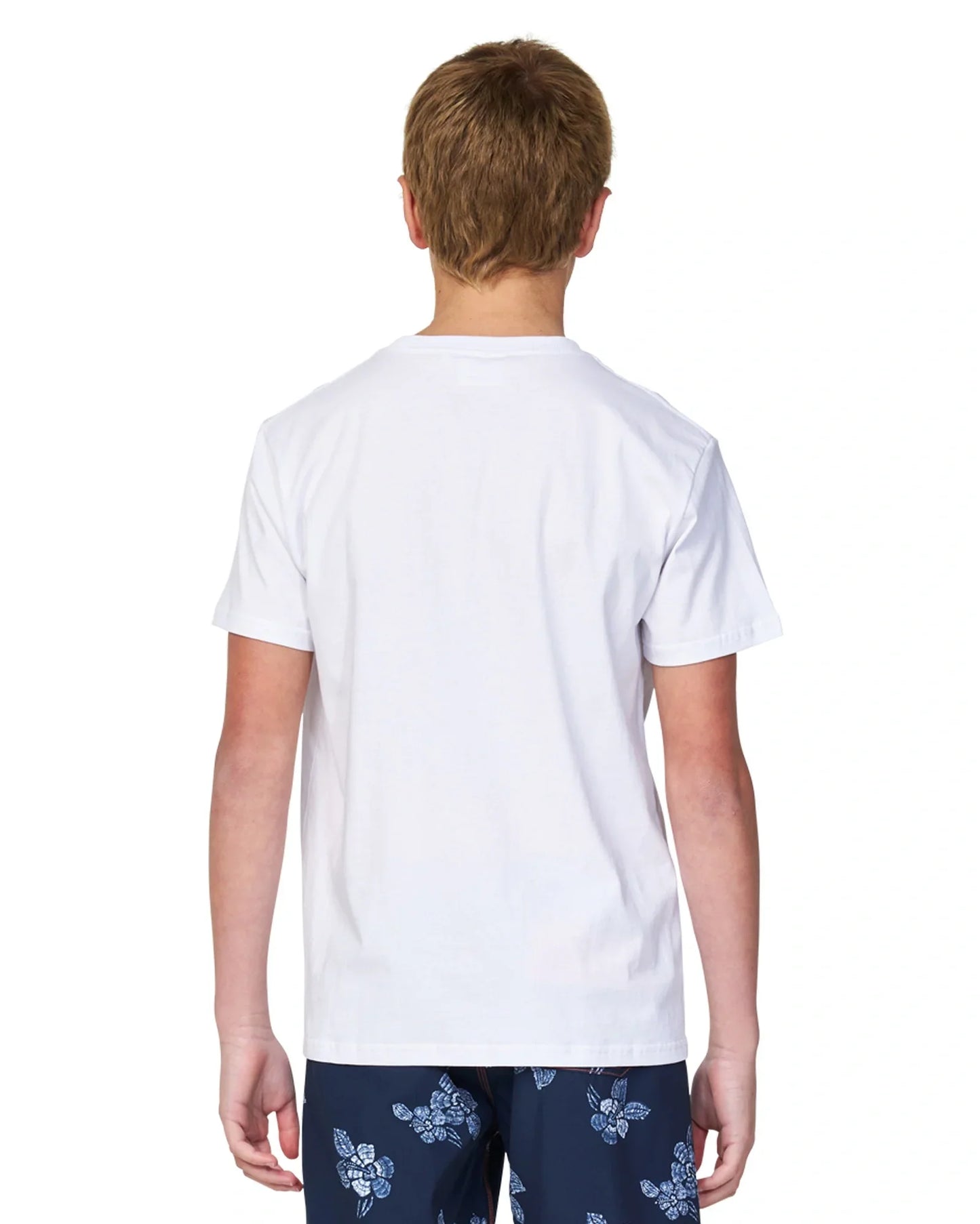 Close up back view of a boy wearing the Okanui Logo Tee white tshirt
