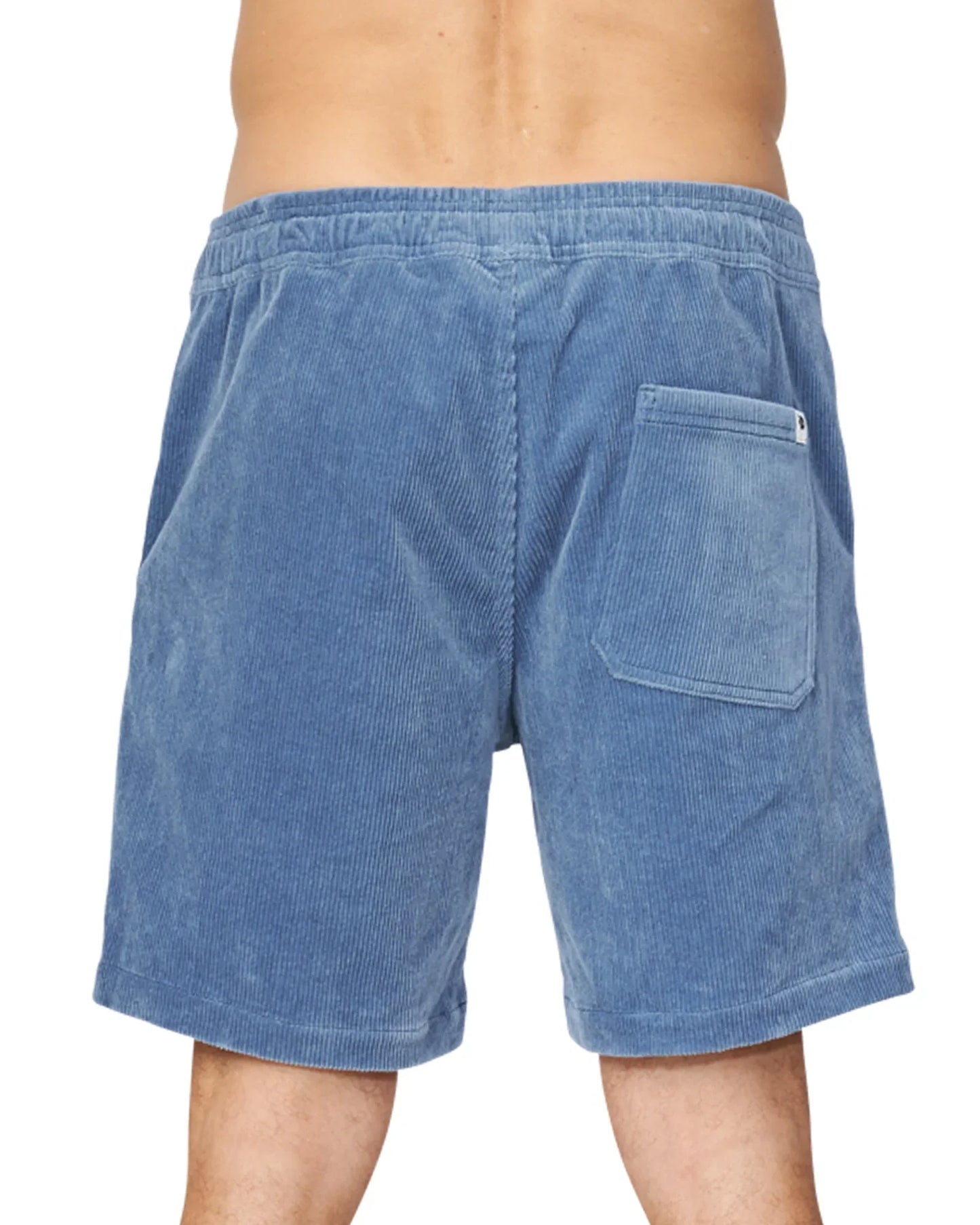 The Okanui Big Iron Cord Walkshorts in steel colour as seen from the back.