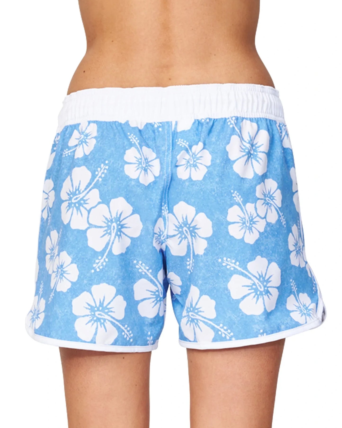 Retro classic boardshort in hibiscus washed blue in back view.