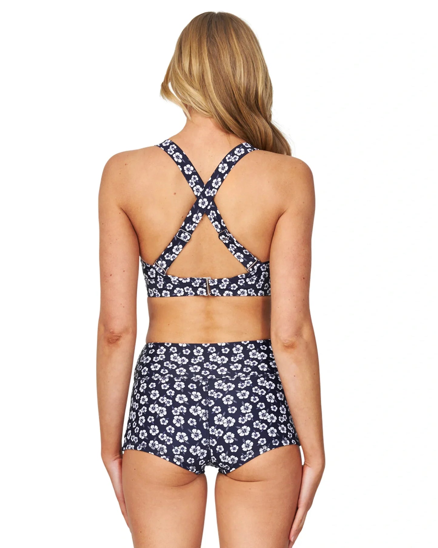 Okanui crop bikini top showing the adjustable and crossover straps.
