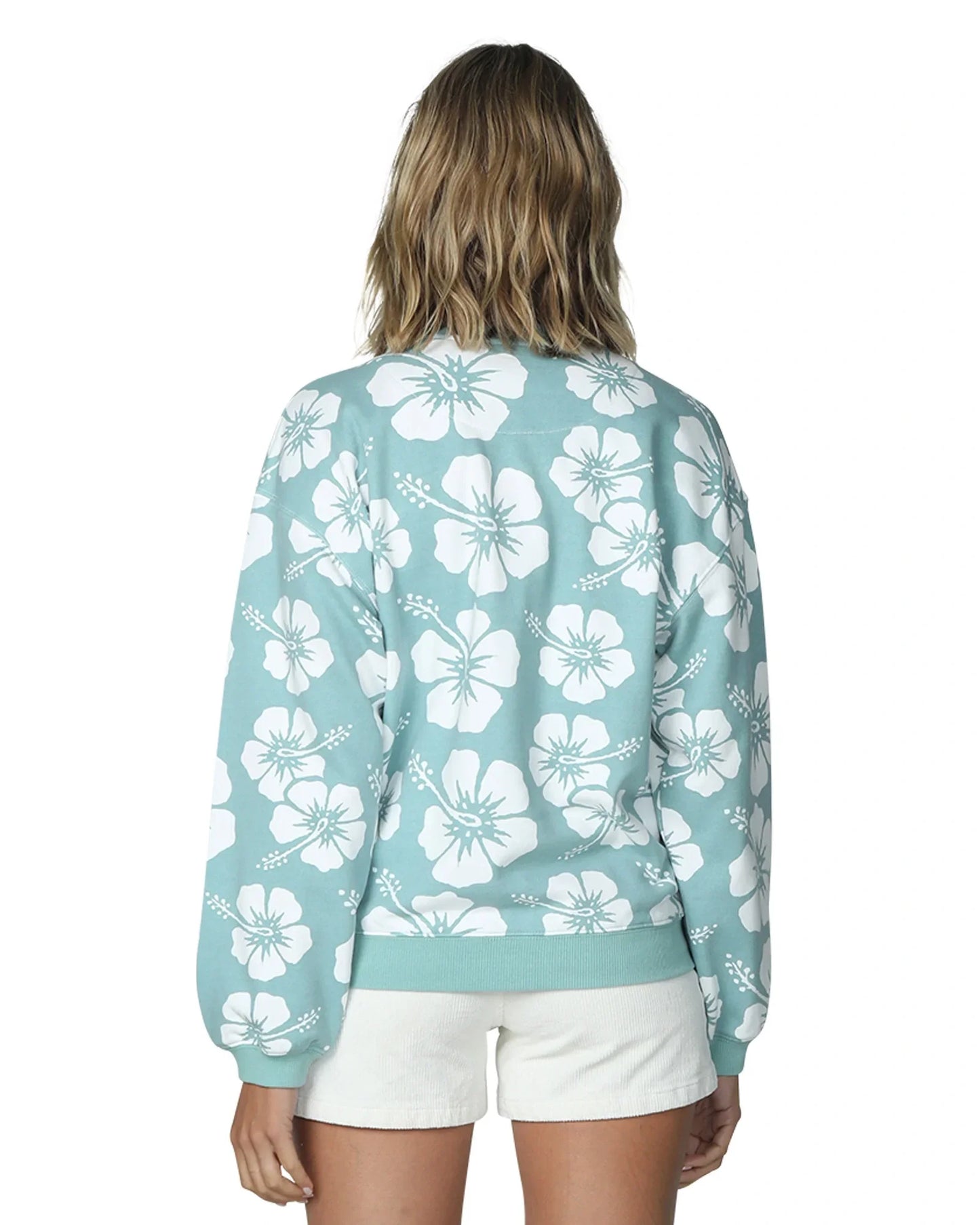 Okanuis women sweater in white and sage-color hibiscus flower showing the back details.