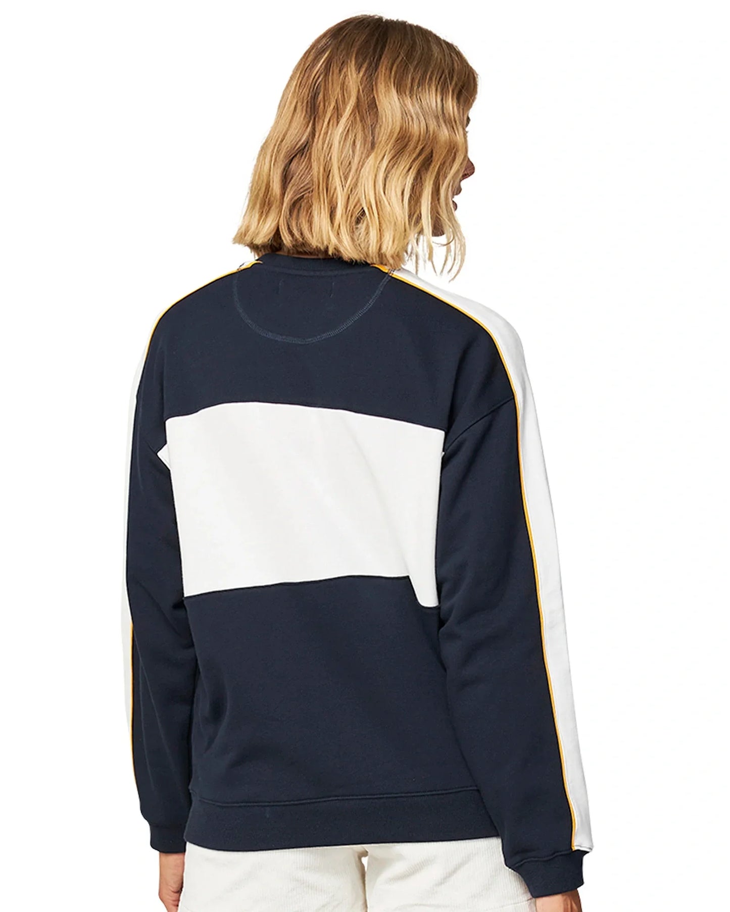 Womens sweater in white and navy, blue-colored showing tha back part.