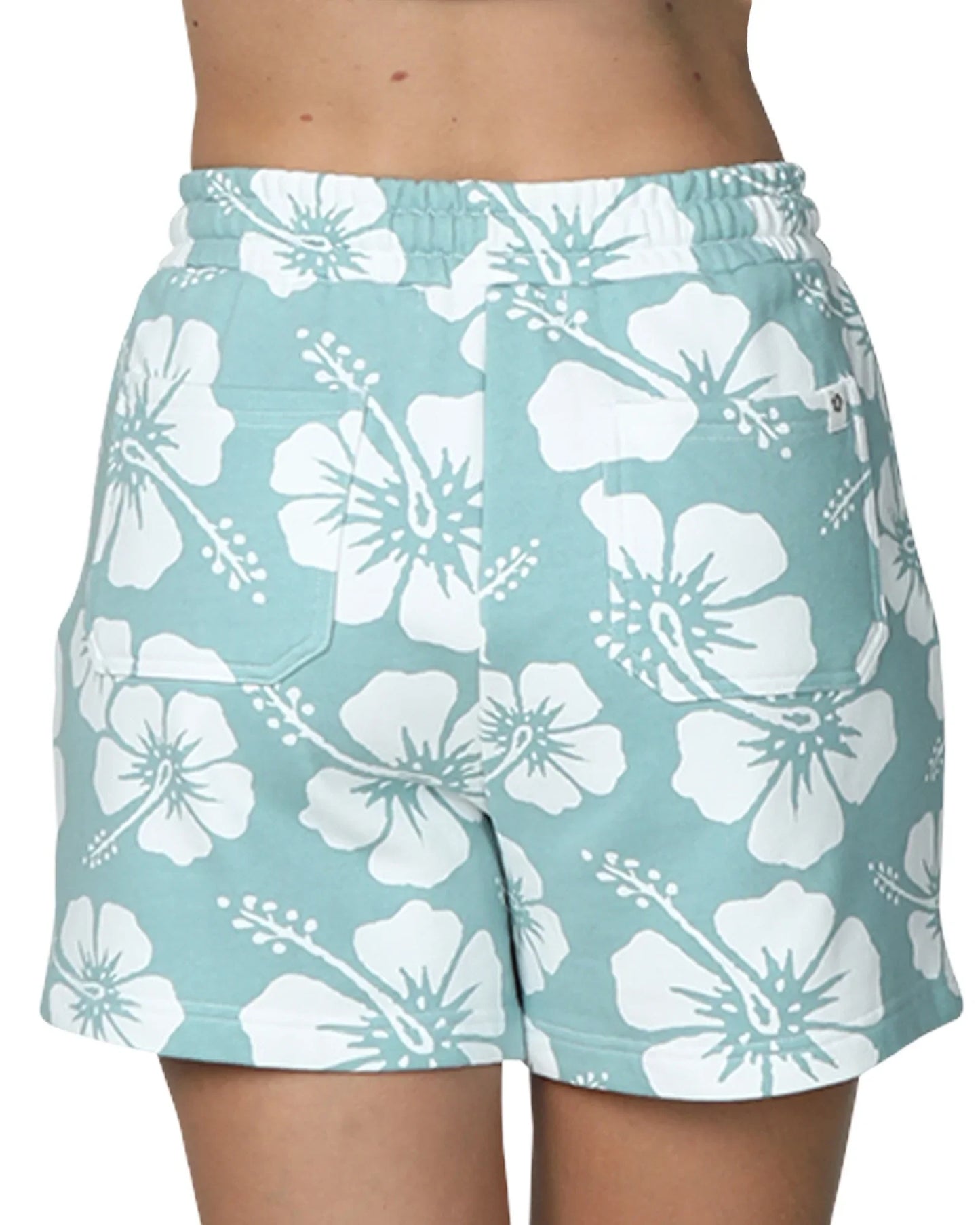 Women's sage blue and white fleece shorts showing the two back pockets.