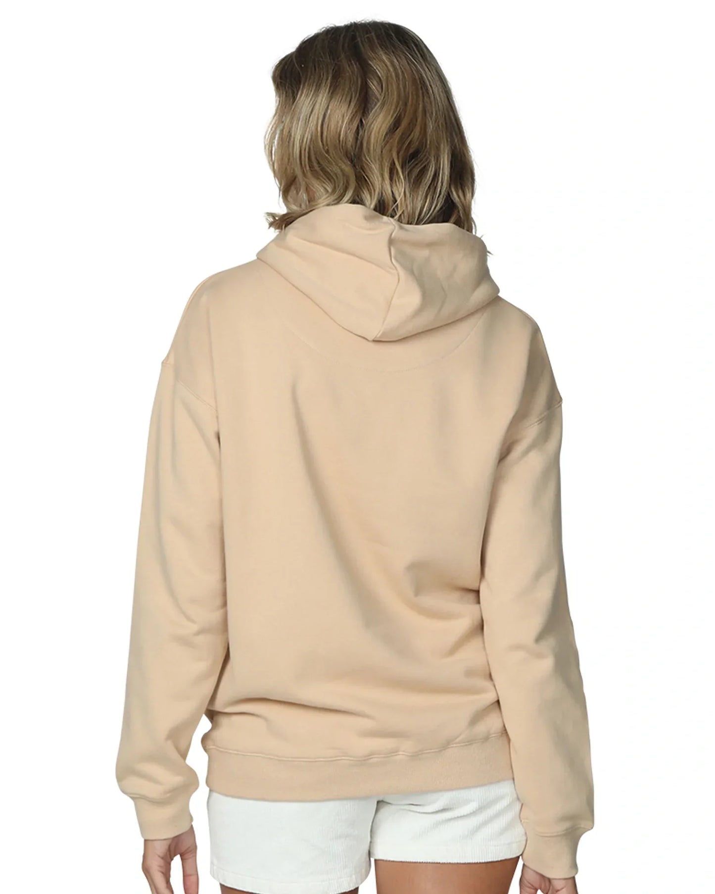 Womens winter hoodie in Natural color showing the back part.