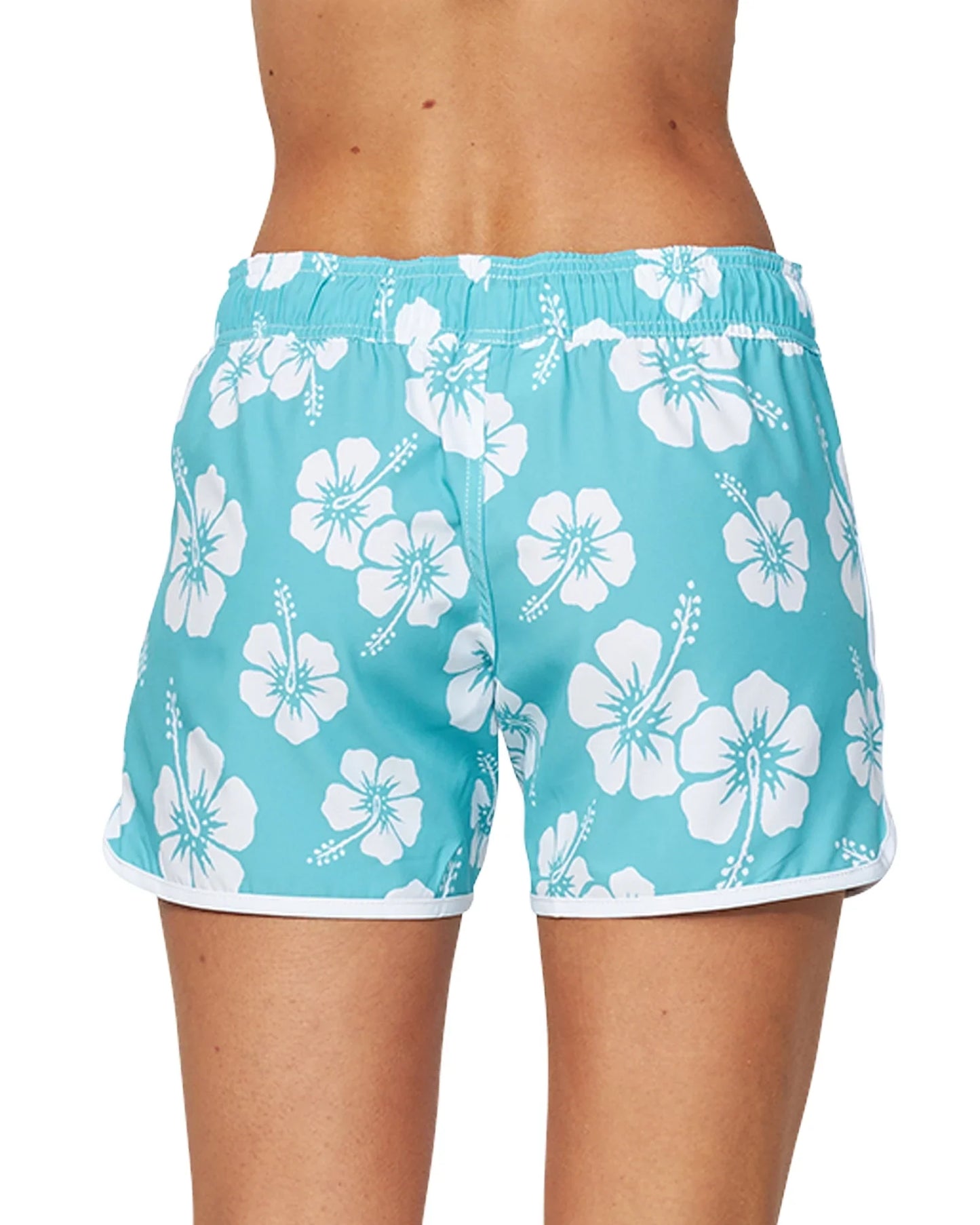 A womens board shorts in Hibiscus aqua showing the back details.