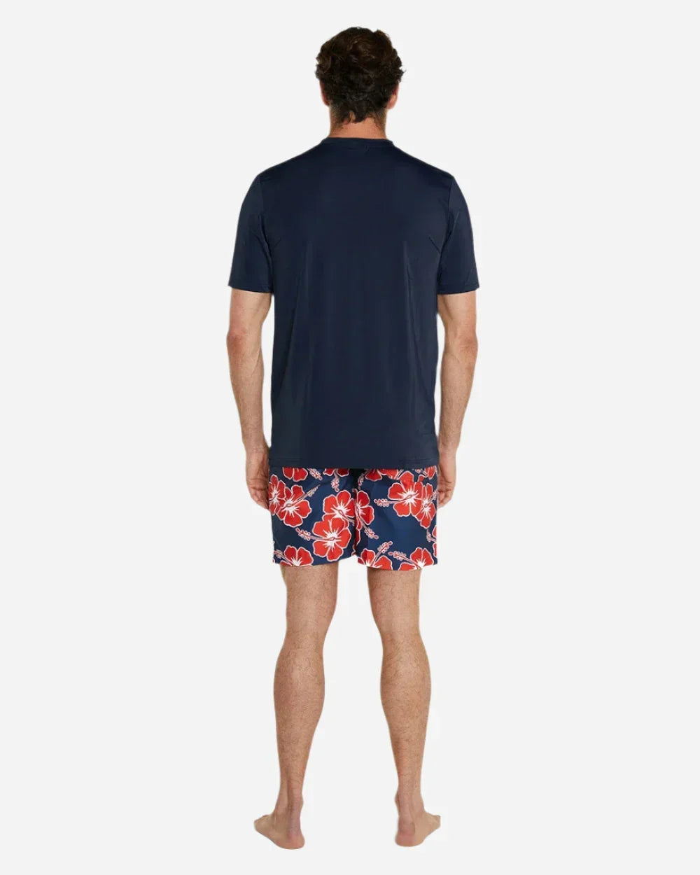 The Okanui Men's Classic Short Sleeve rashie in navy color showing the back details.