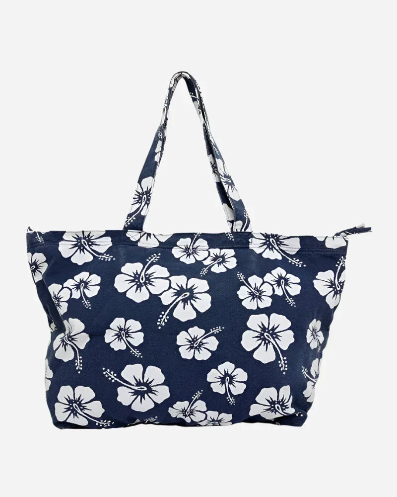 Back view of the Okanui womens beach tote bag in hibiscus print