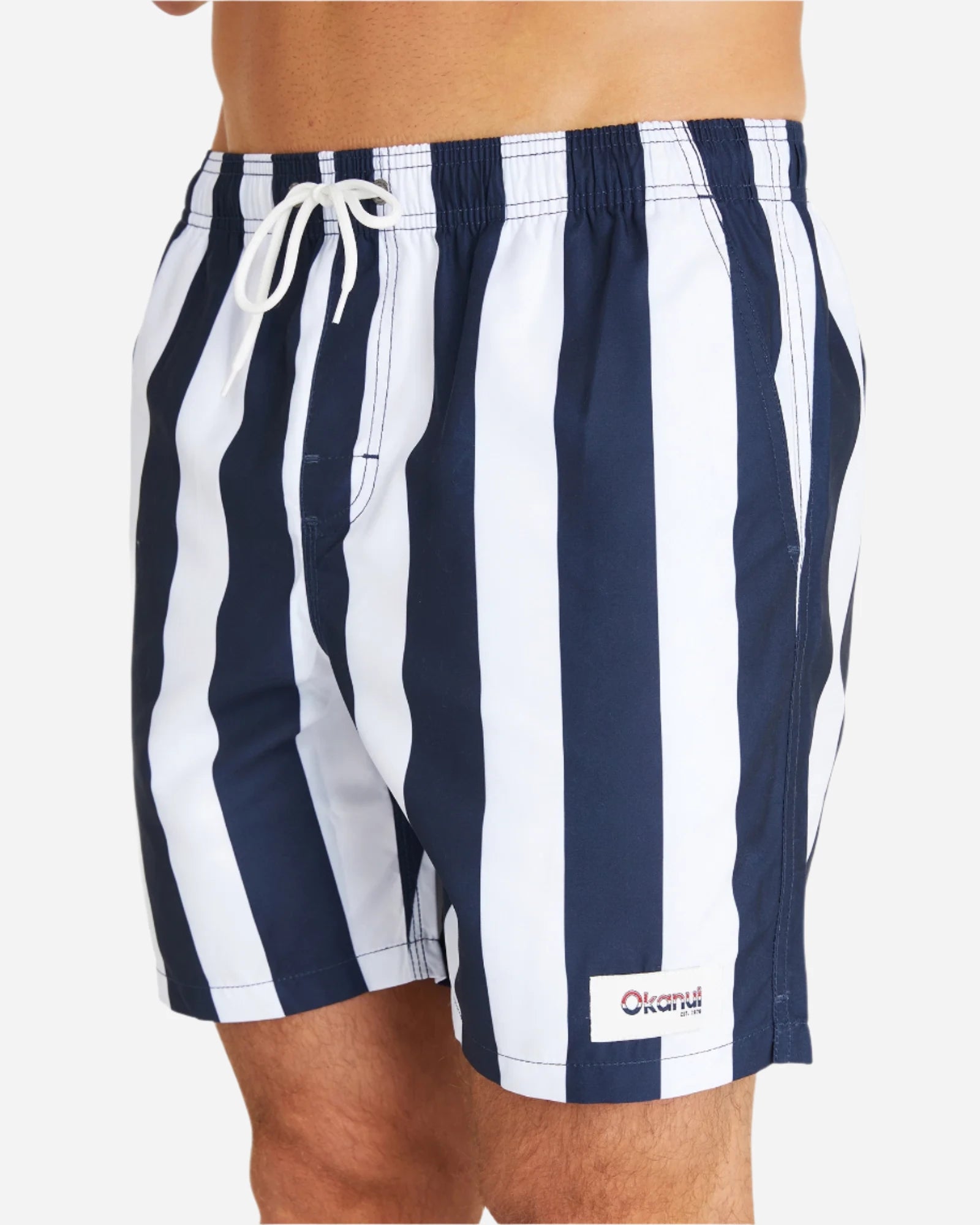 Okanui Mens Swim Trunks Shorts Classic Stripe Navy White