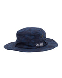 The Okanui Boonie Bucket Hat in navy color with subtle Hibiscus flower prints in white background.