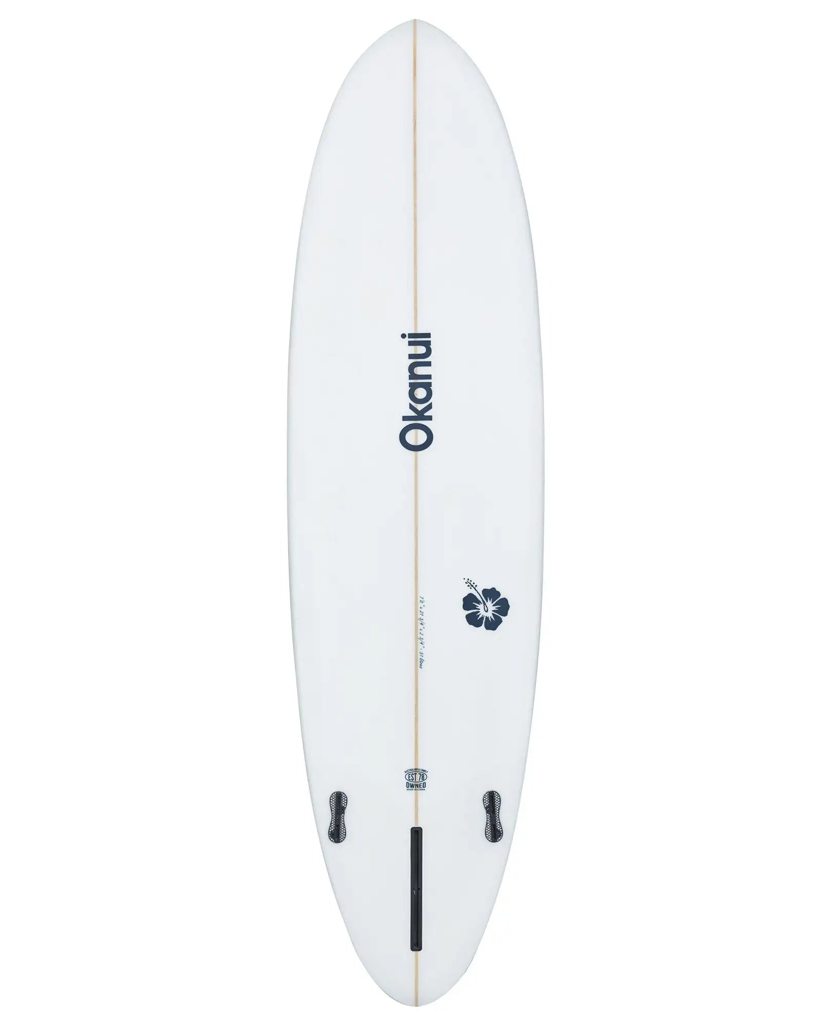 Bottom view of White Okanui The Bucket Mid Length Surfboard with Okanui logo print