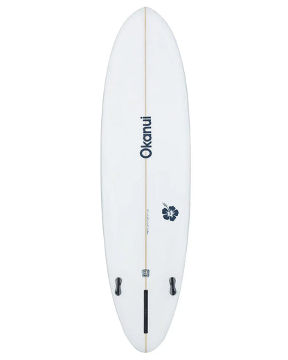 Bottom view of White Okanui The Bucket Mid Length Surfboard with Okanui logo print