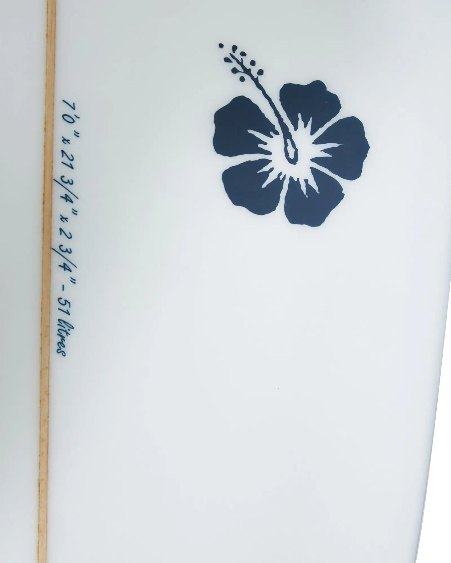 Close up view of White Okanui The Bucket Mid Length Surfboard with Okanui logo print details