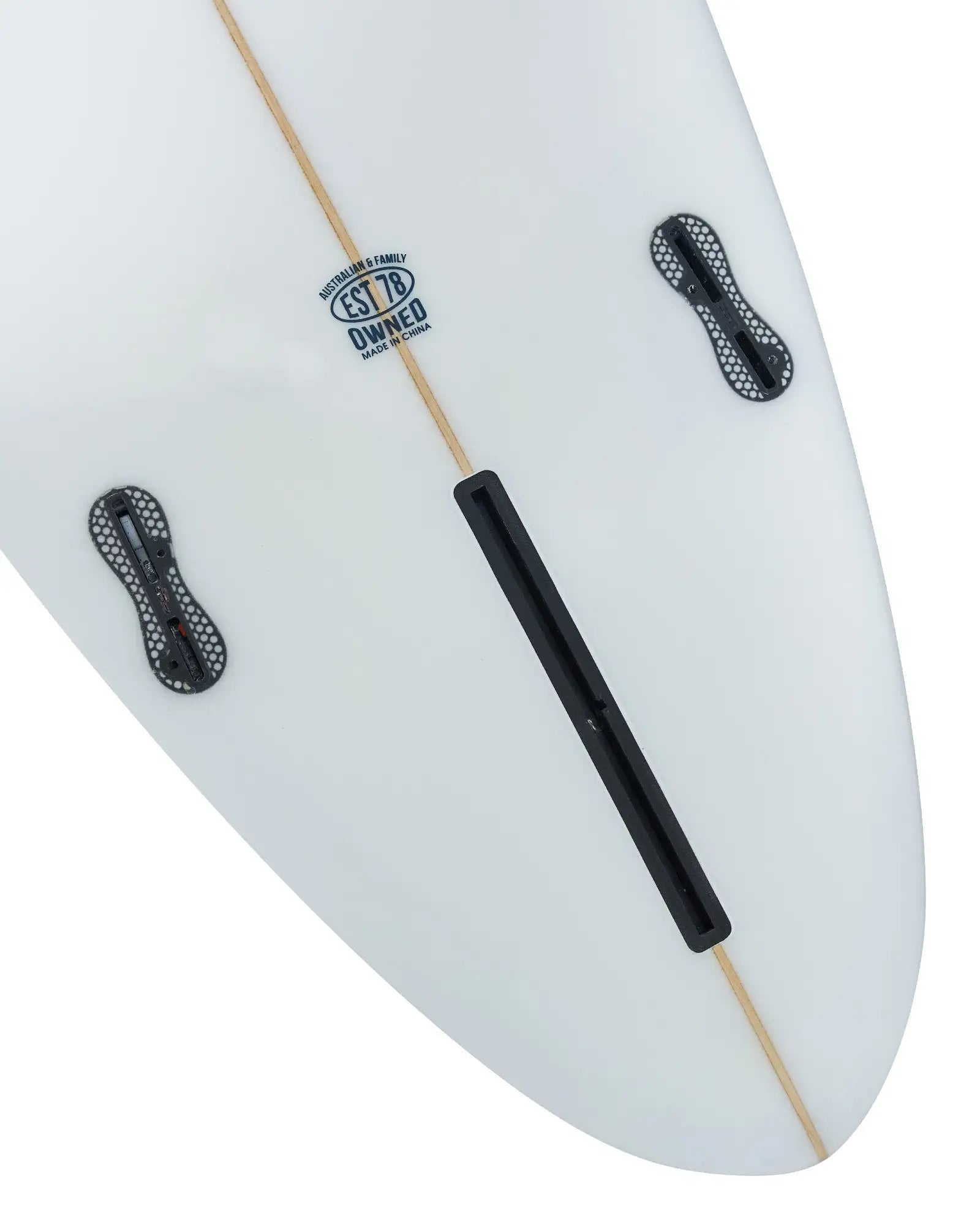 White Okanui The Bucket Mid Length Surfboard with Okanui logo print bottom details