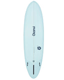 Bottom view of Ice Blue Okanui The Bucket Mid Length Surfboard with Okanui logo print